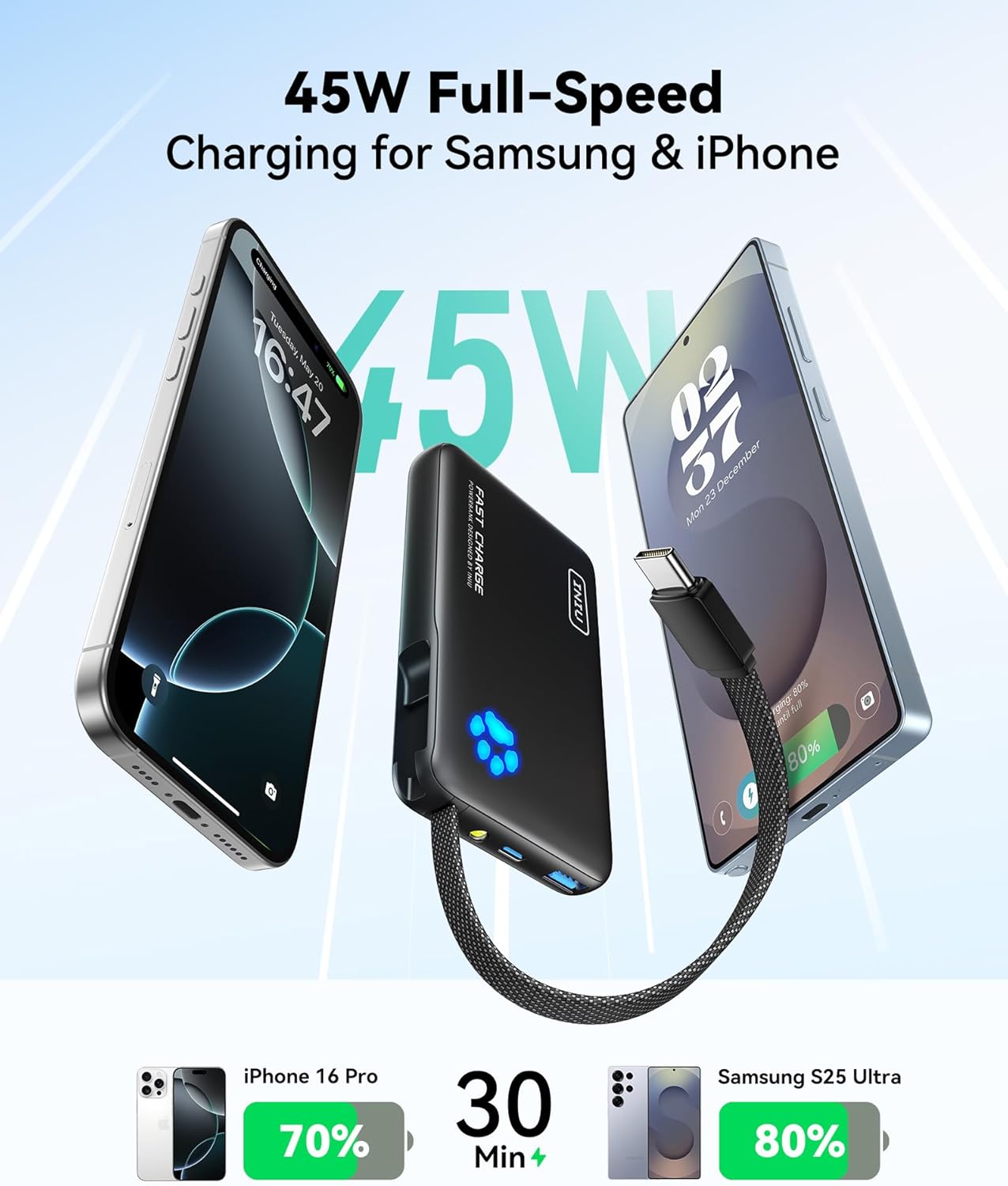 INIU Portable Charger with Flashlight, 45W Fast Charging Tablet Power Bank with USB C Cable, 10000mAh Powerbank, Battery Pack for iPhone 17 16, iPad, Samsung S25 etc Travel Essential, Emergency Light