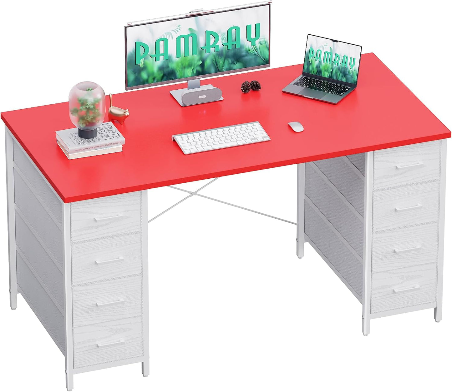 Pamray 47 Inch Computer Desk with 8 Fabric Drawers PC Gaming Desk Home Office Study Work Writing Table for Bedroom White