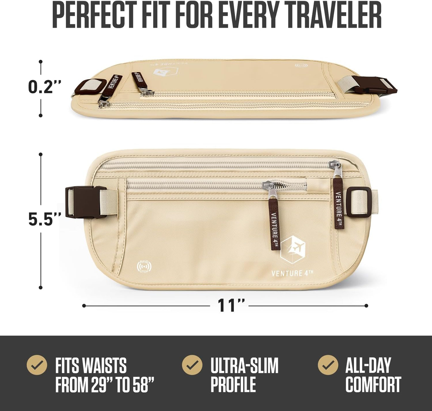 VENTURE 4TH Money Belt for Travel – Slim Hidden Under-Clothes RFID Blocking Anti-Theft Passport Holder & Travel Wallet Pouch for Men & Women to Protect Cash, Cards & Documents (Beige)