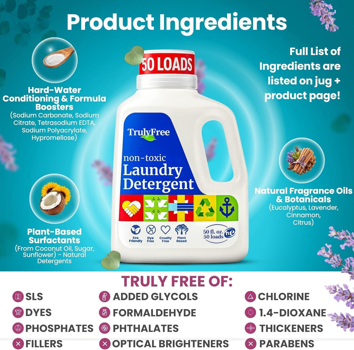 Truly Free Natural Laundry Detergent - 3 Pack + 1 Refillable Jug, 150 Loads