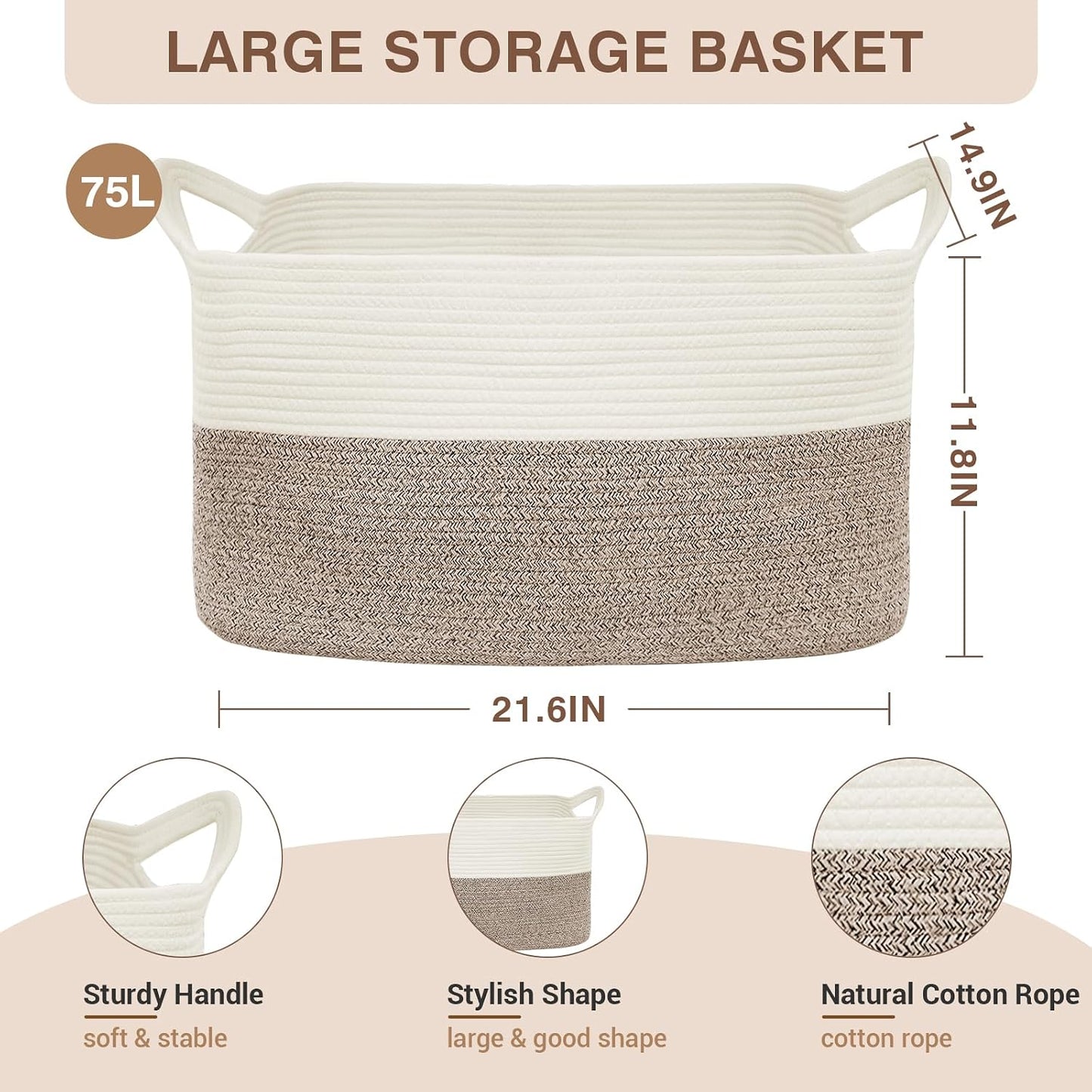 YOUDENOVA Large Blanket Basket, Rectangle Cotton Rope Storage Baske | Nursery Laundry Hamper for Storage Clothes Organizing, 21.6''×14.9''×11.8'' Woven Basket, Dirty Clothes Organizer Bins