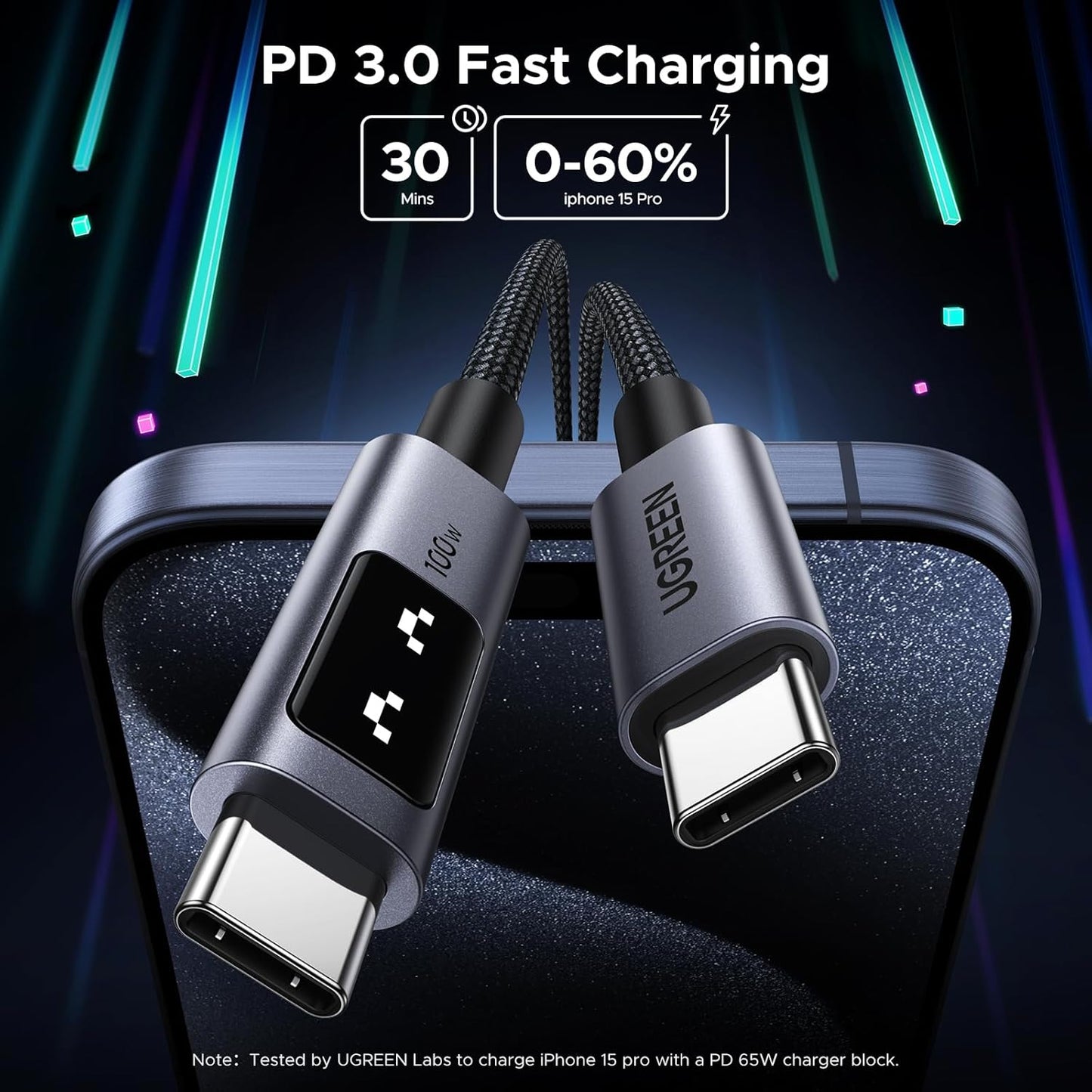 UGREEN Uno USB C to USB C Cable 100W Fast Charging Cable Type C Charging Cord with LED Display for iPhone 17/17 Air/17 Pro/17 Pro Max/16, MacBook Pro/Air, iPad Pro/Air, Galaxy S25 Ultra 3.3FT Black