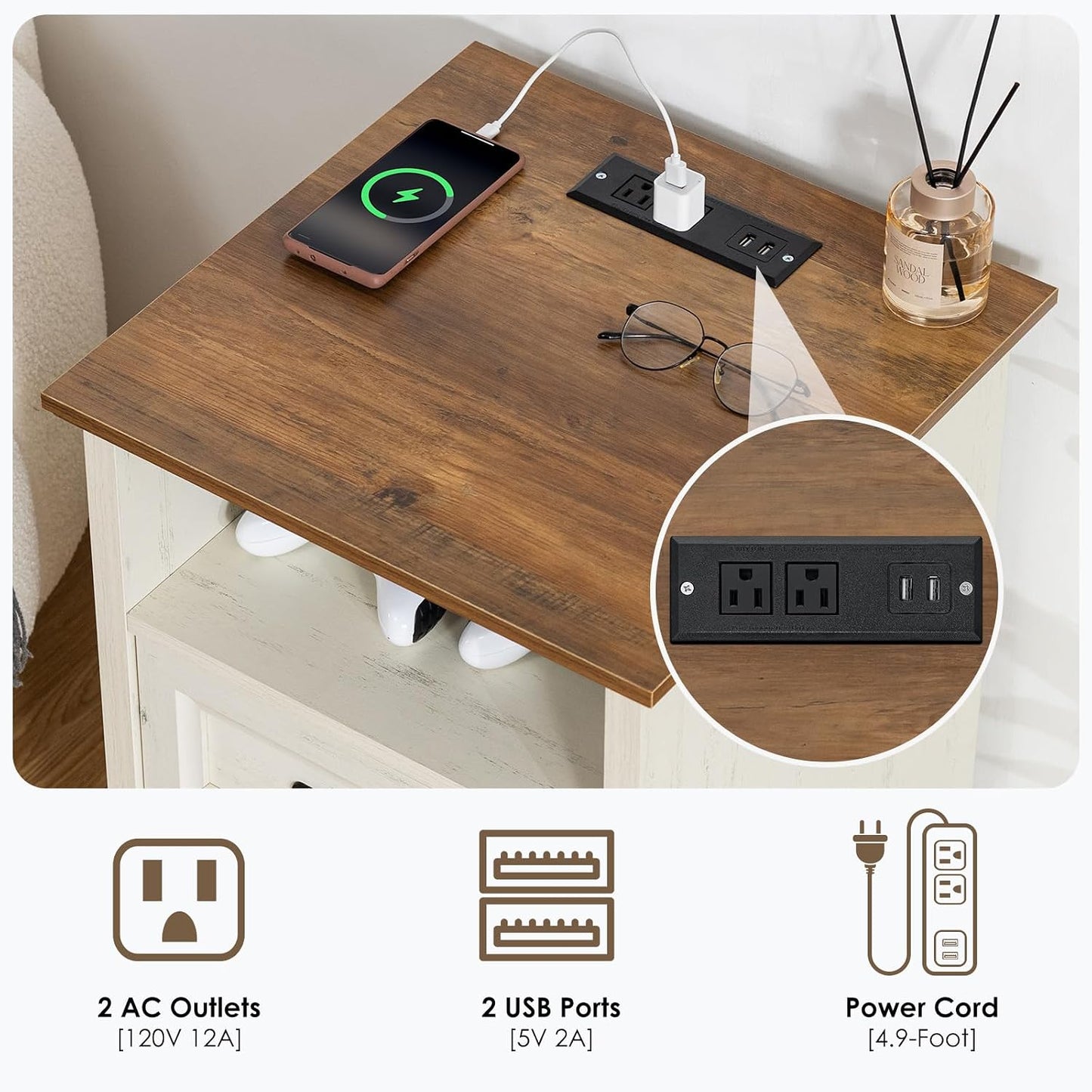 HOMMPA Farmhouse Nightstand w/Charging Station, Open Shelf, Rustic White