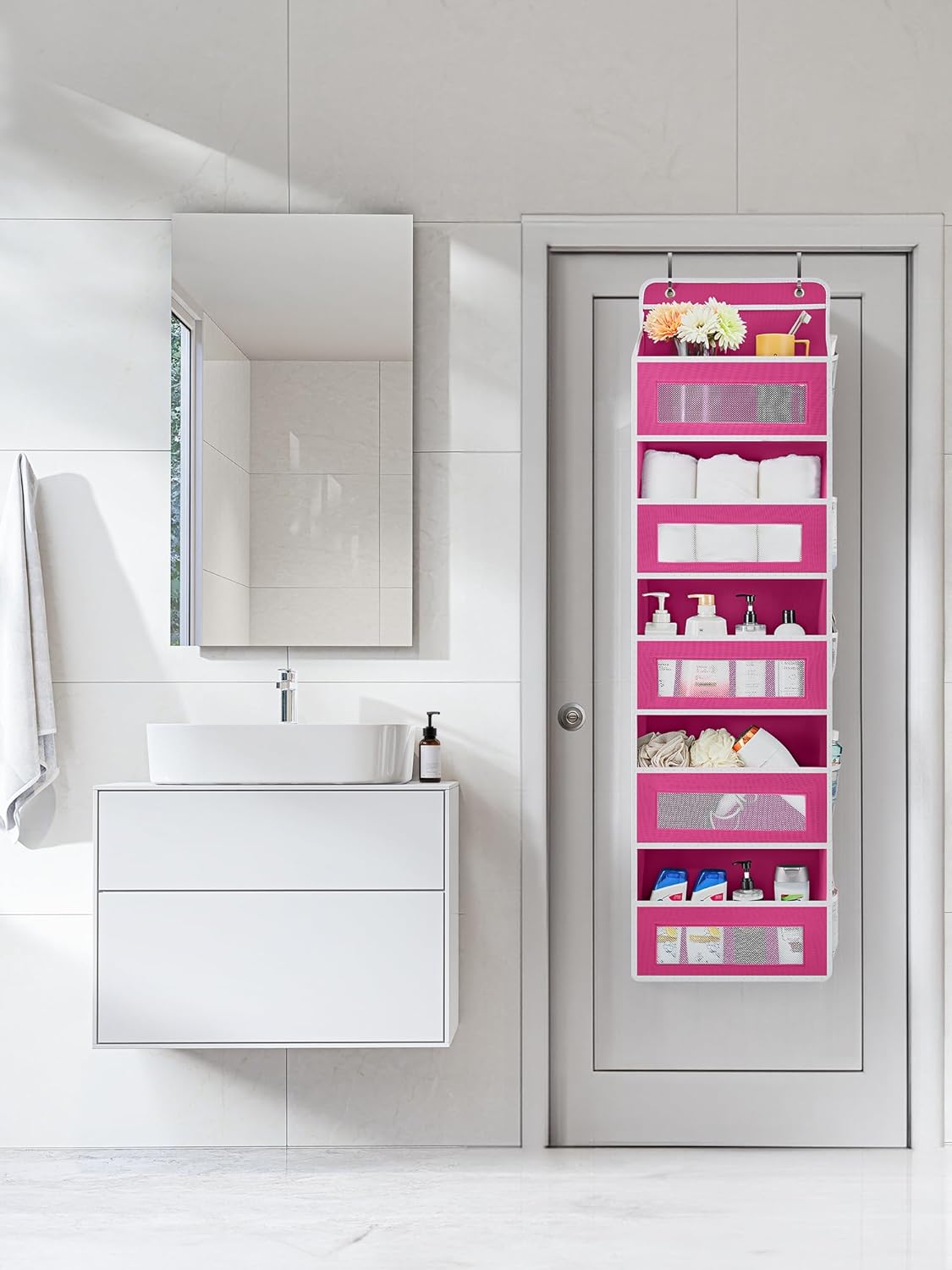 JARLINK Over The Door Organizer Storage, 5 Shelf Hanging Door Organizer with 5 Large Capacity Pockets, Anti Tilt 44 lb Load Behind Door Storage for Bedroom, Bathroom, Pantry, Nursery, Rose Pink