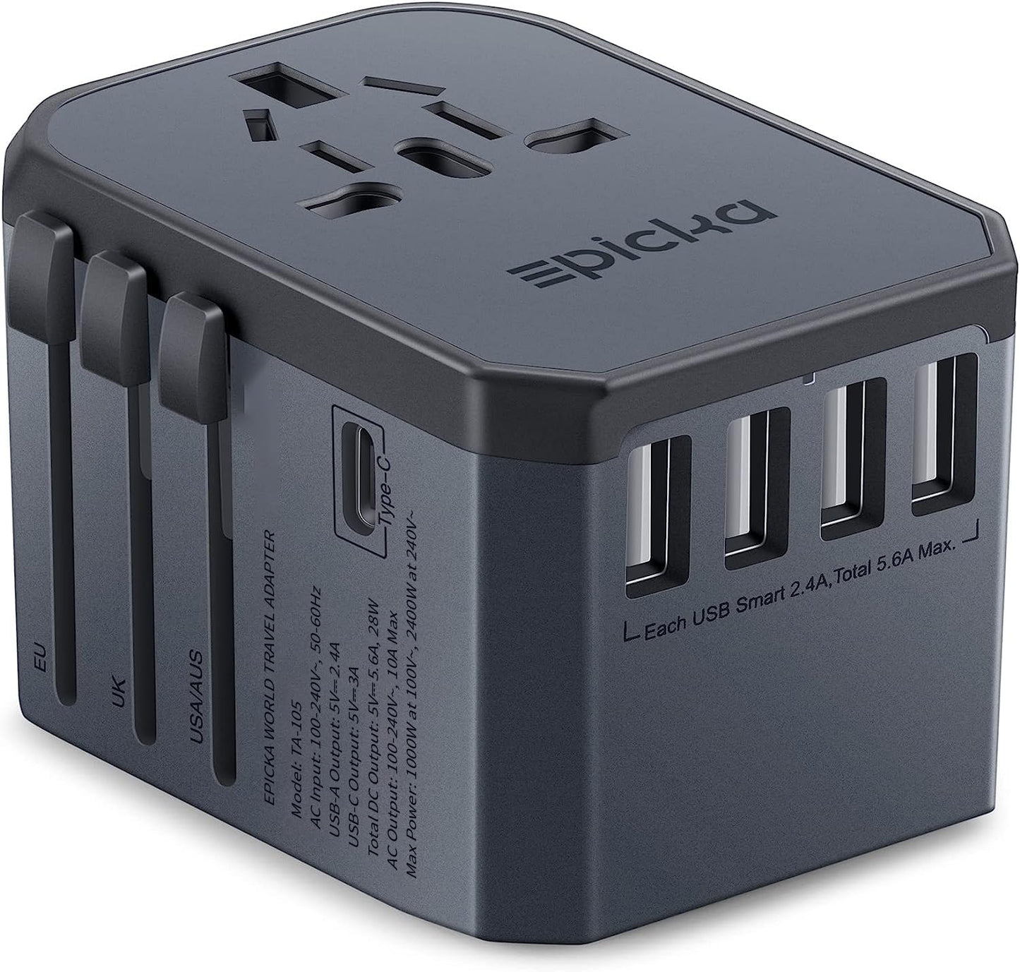 EPICKA Universal Travel Adapter, European Travel Plug Adapter (Not a Voltage Converter) - International Power Adapter Worldwide Charger with USB-C & 4 USB-A Ports, Travel Essentials (TA-105, Grey)