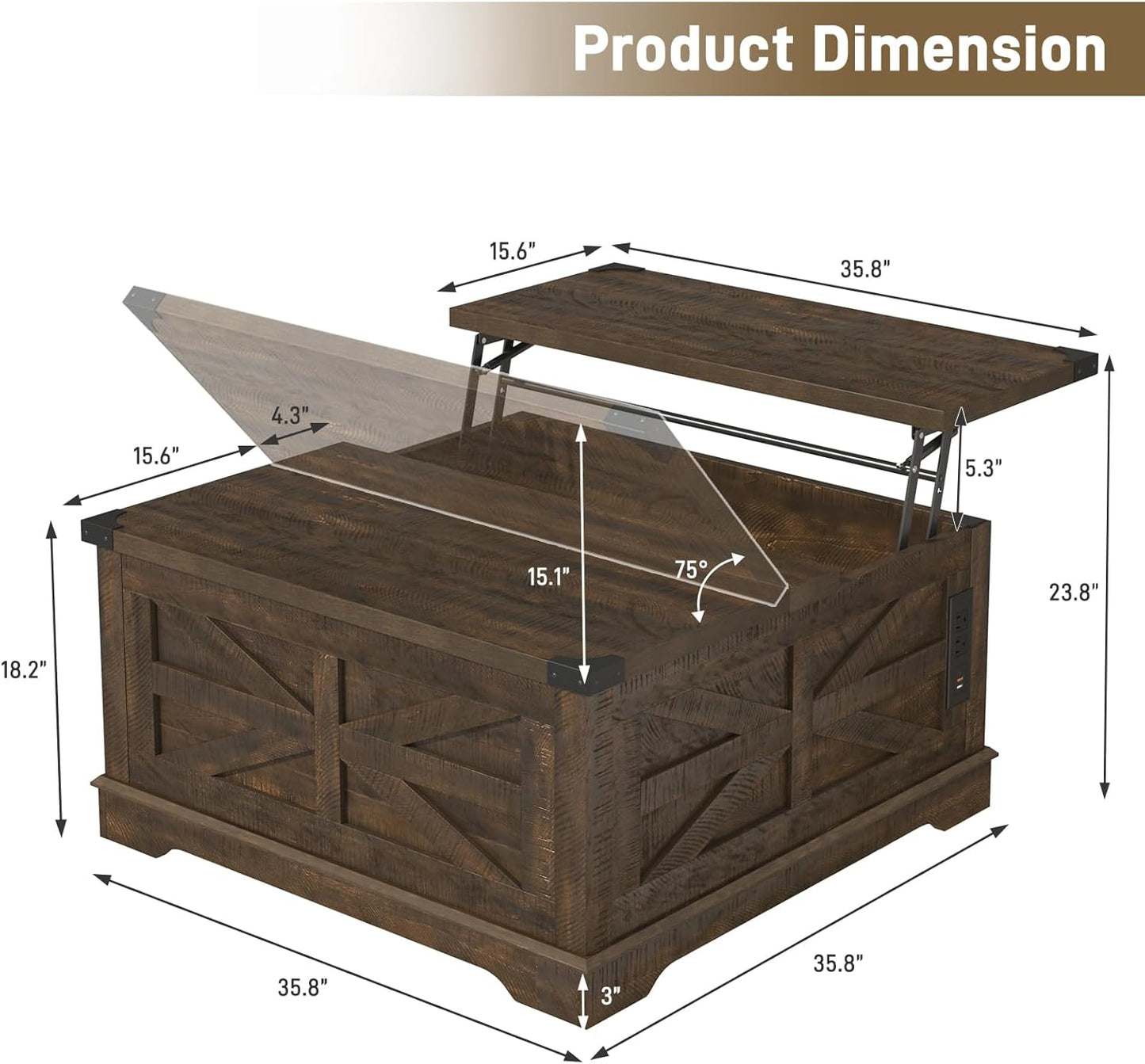 Hlivelood 36" Farmhouse Movable Lift Top Coffee Table with Storage and Power Outlets, Square Wood Living Room Tables with Wheels&Large Hidden Space, Lift Wooden Barn Door Center Table, Brown