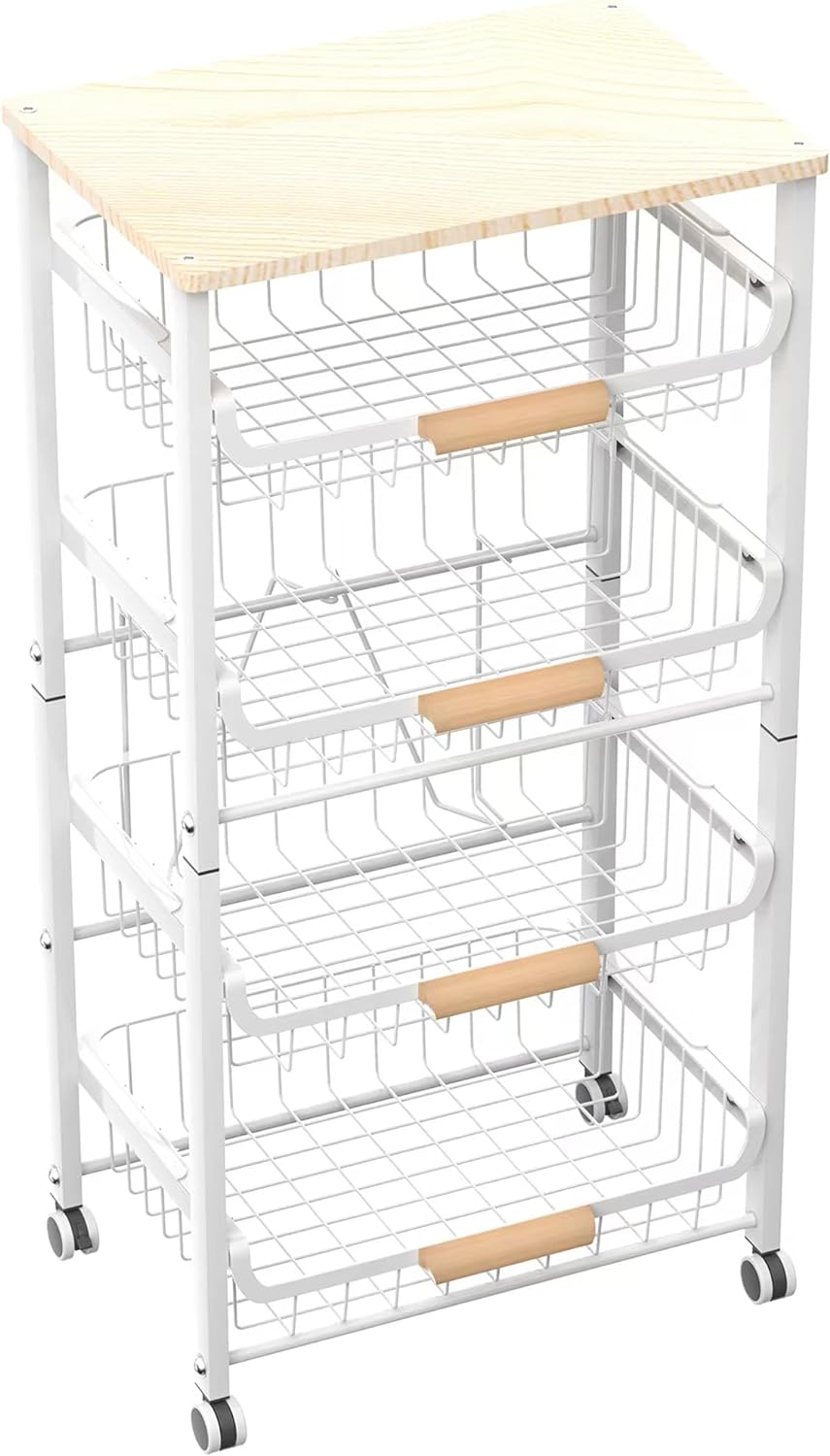 NiuYichee 4-Layer Fruit Basket Kitchen Food Organizer and Rack, Stackable Storage Cart with Desktop, Pull-Out Hollow Metal Basket, Sliding Out Storage (Black 4-Layer Rack)