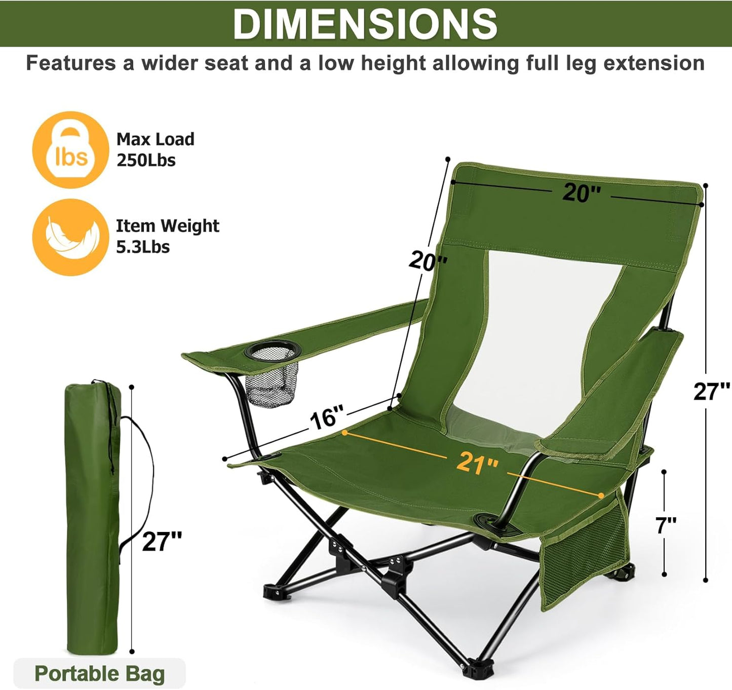 Joyfair Beach Camping Chair (2 Pack), Outdoor Folding Chair for Adults, Heavy Duty Portable Chair for Outside Fishing, Lawn, Sport, Patio, Armrest Cup Holder & Storage Pocket, Carry Bag (Green)