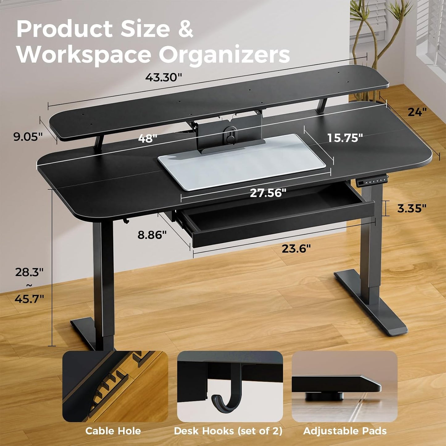 COMHOMA Electric Standing Desk with Drawers, 48 x 24'' Sit Stand up Desk with Monitor Stand, Laptop Stand, Height Adjustable Ergonomic Home Office Computer Desk with Memory Preset Controller (Black)