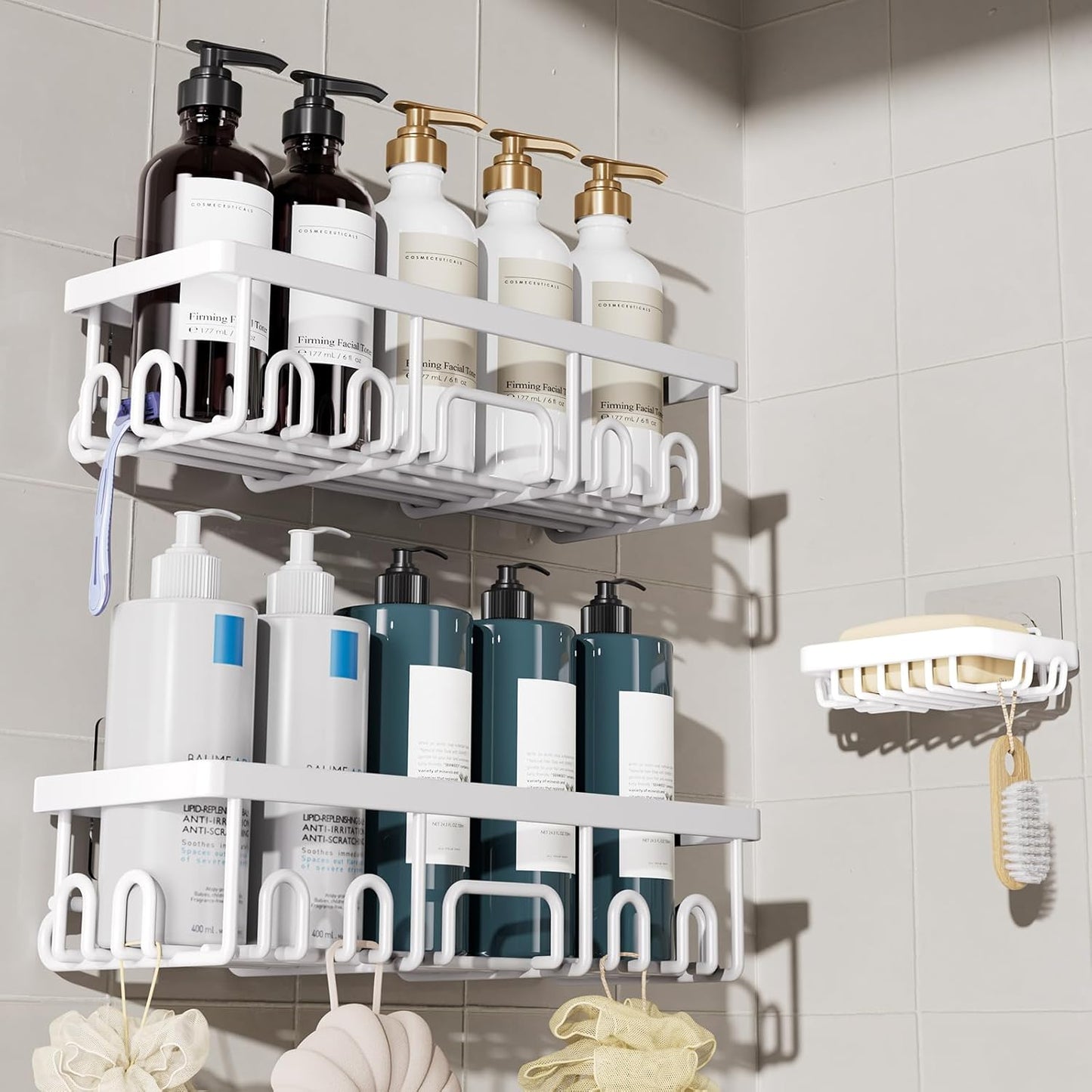 Veken Shower Caddy 3-Pack, Advanced Rustproof Design, No Drilling Adhesive Shelves, Rack with Soap Holder, Large Capacity Bathroom Organizers and Storage, Wall-Mounted Kitchen & Home Decor, White