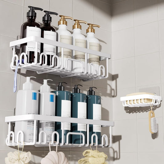 Veken Shower Caddy 3-Pack, Advanced Rustproof Design, No Drilling Adhesive Shelves, Rack with Soap Holder, Large Capacity Bathroom Organizers and Storage, Wall-Mounted Kitchen & Home Decor, White