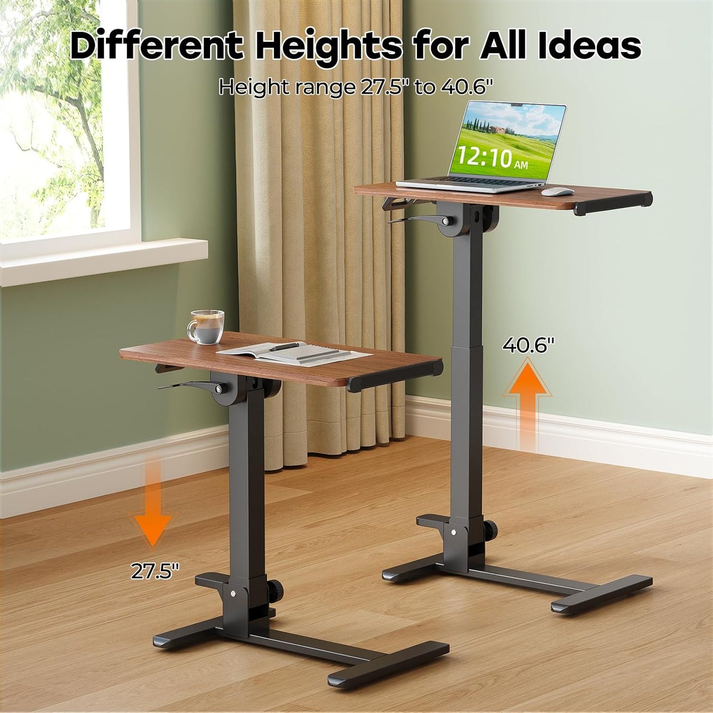 Foldable Mobile Standing Desk, 27 Inch Small Rolling Laptop Cart Height Adjustment, 90° Tiltable Bedside Table, No Assembly Needed Portable Computer Workstation, Dark Wood