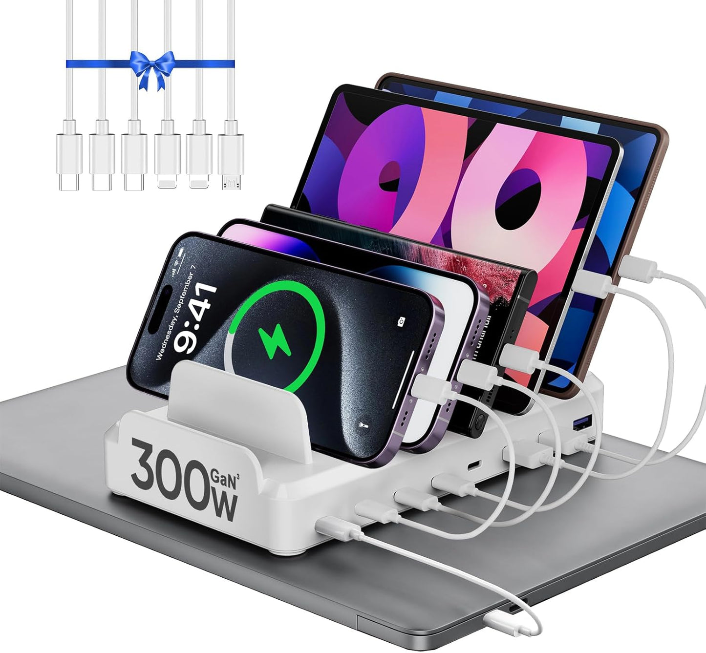 300W Charging Station for Multiple Devices, 8 Port Multi USB C Fast Charger Station Dock for MacBook iPhone 17/16/15/14/13/12 Samsung Pixel Series iPad, Black (6 Mixed Short Cables Included)