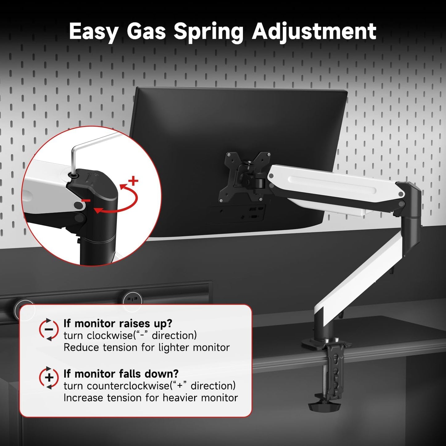 Suptek Monitor Mount Gas Spring Monitor Arm Desk Mount Fully Adjustable Fits 17 20 22 23 24 26 27 32 35 inch Monitors Weight Capacity up to 24.25 lbs (Black+White, 17"-35")