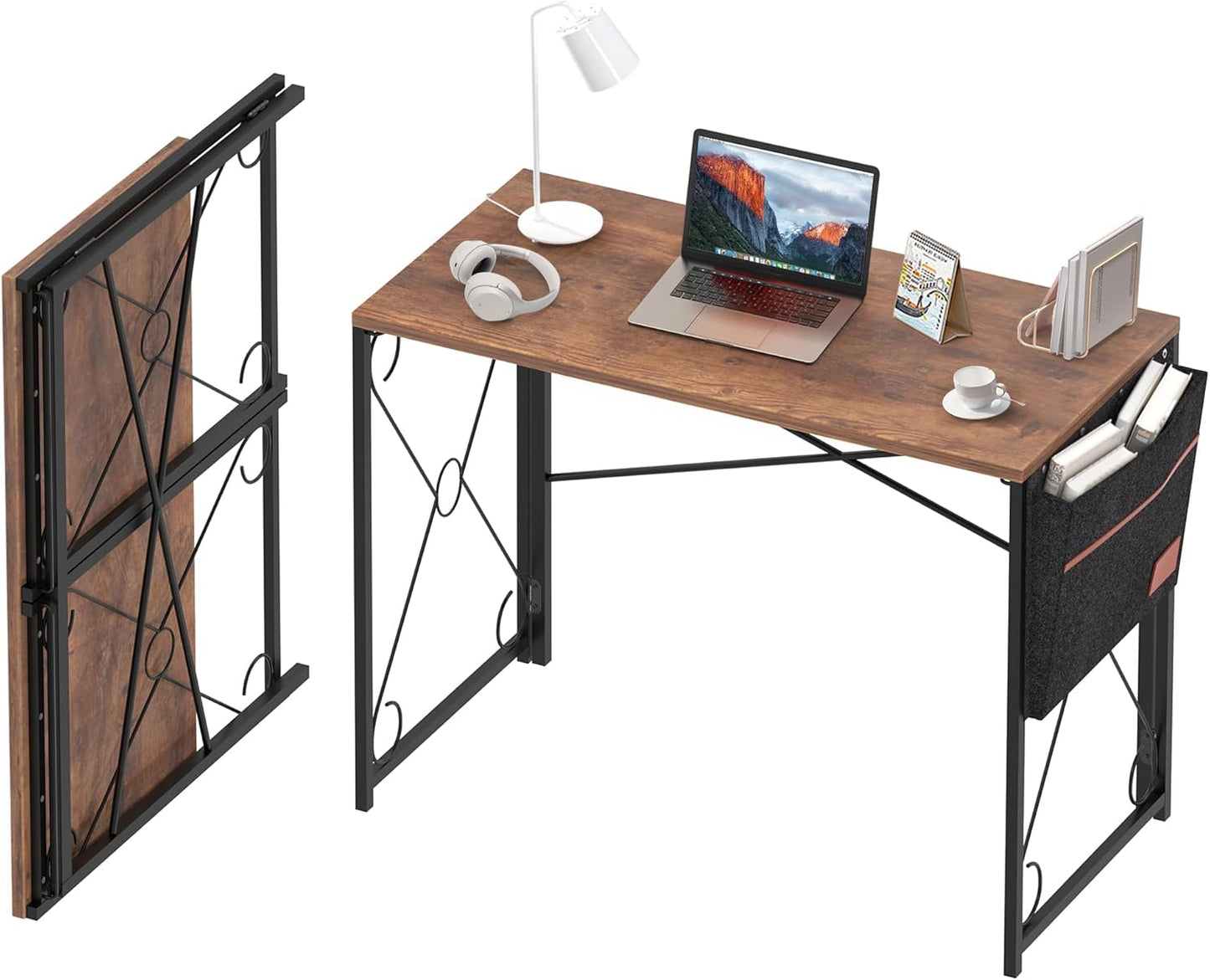 VECELO 39 Inch Folding Desk Simple Assembly, Writing Computer Desk for Home Office Study Office Foldable Table for Small Spaces,Classic Brown