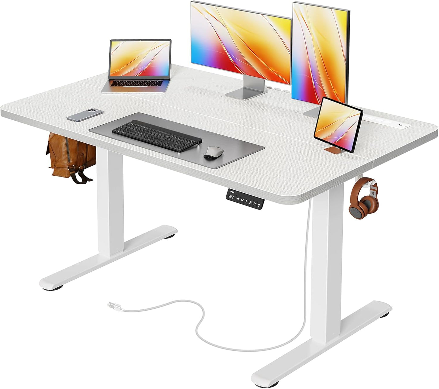 Huuger Electric Standing Desk with Power Outlets and USB-C Port, 47 X 24 Inch Height Adjustable Desk, Sit Stand Desk for Home Office, Computer & Gaming Desk with 4 Presets, Stable Steel Frame, White