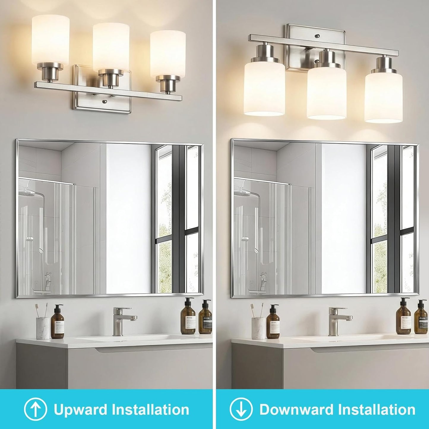 Ascher Bathroom Light Fixtures, 3-Light Vanity Light Over Mirror, Modern Brushed Nickel Wall Sconces with Milky White Shades, Wall Lamp for Kitchen Hallway Cabinet Porch E26 Base