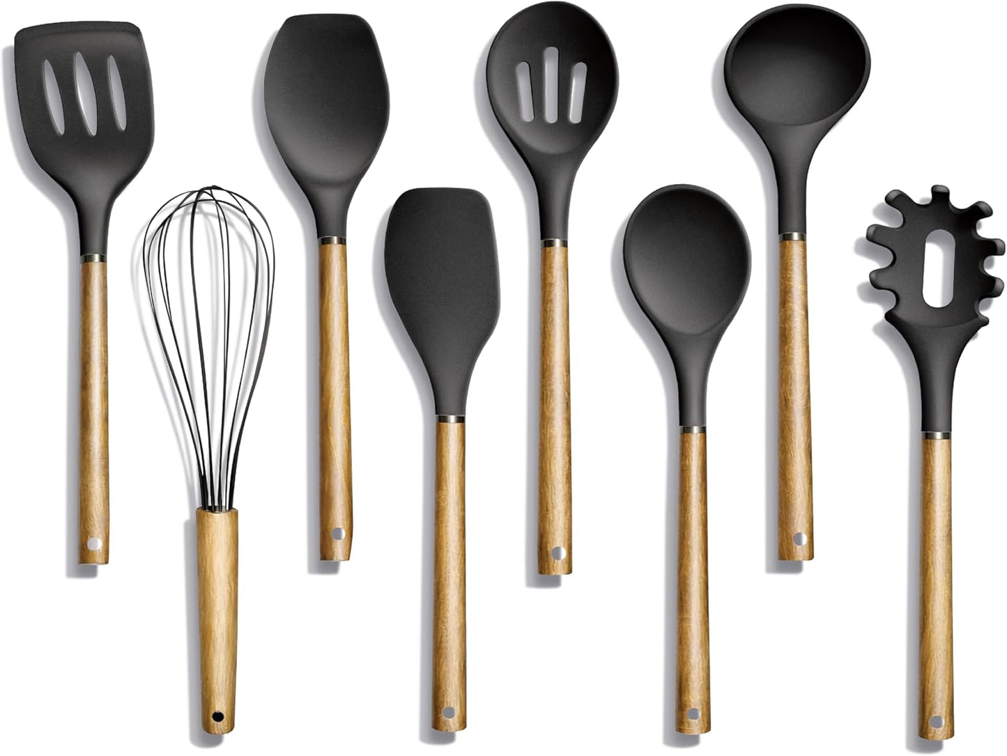 Country Kitchen Non Stick Silicone Utensil Set with Rounded Wood Handles for Cooking and Baking, 38 Piece Set, Khaki