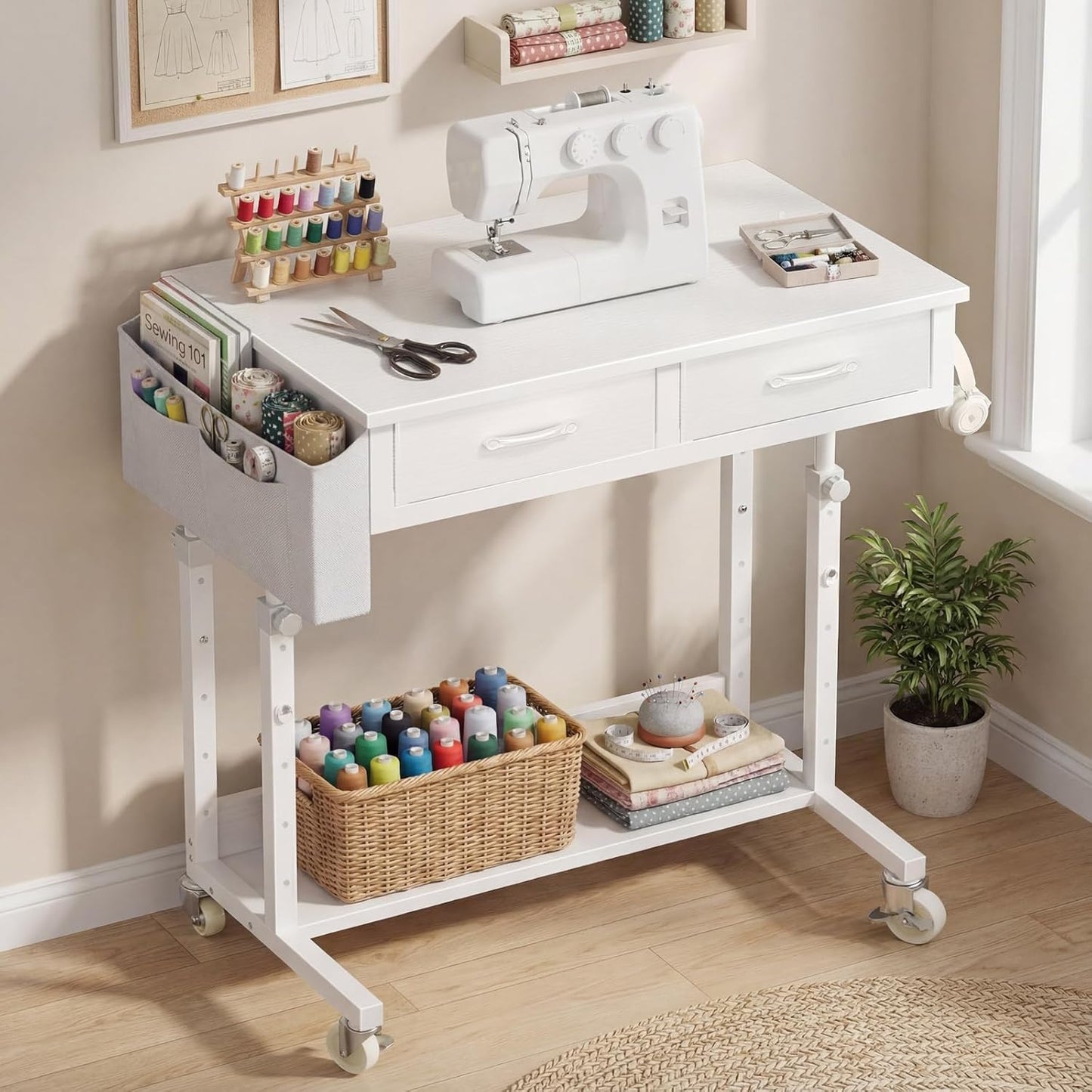 WINAZ Small Rolling Desk with Drawers & Storage - Mobile Workstation on Wheels for Teacher & Student, Adjustable Height Portable Standing Desk for Small Spaces, Compact Sewing & Crafting Table