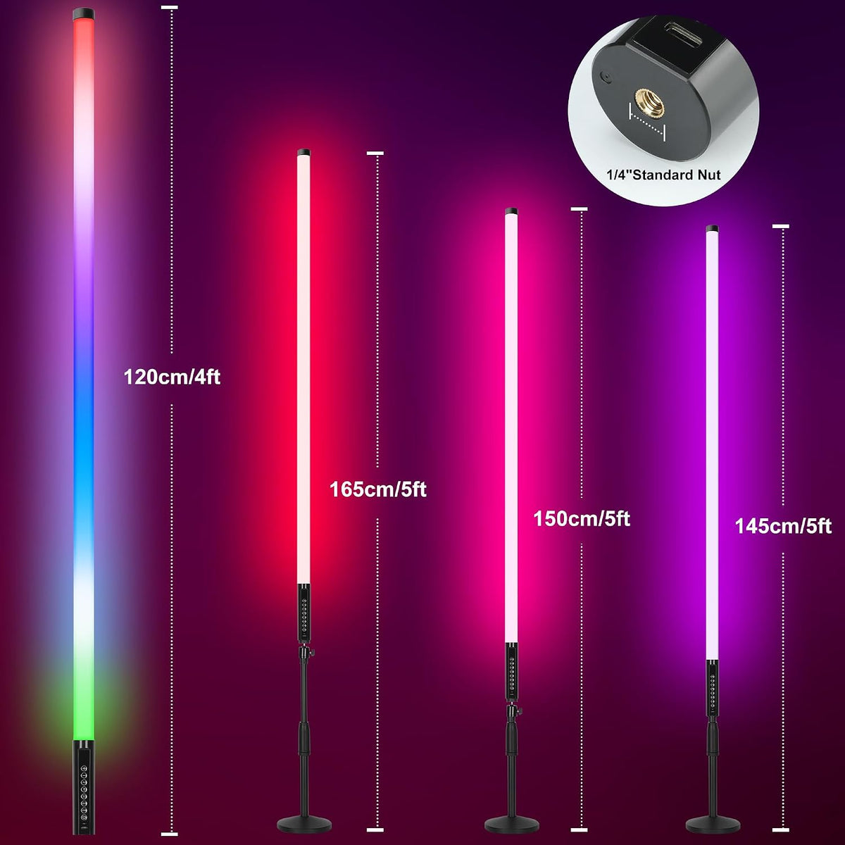 DJ Tube Lights with Stand 4ft 5000mah Rechargeable RGB Light Bar Synchronous Working LED Video Light Stick Photo Booth Disco Stage Wedding Event Decorative Lighting 4 Pack