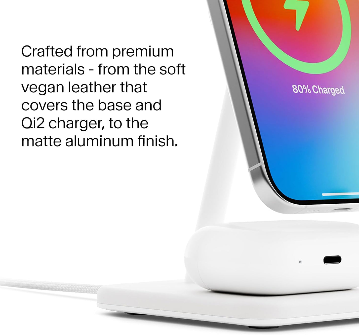 Twelve South HiRise 2 Deluxe 2-in-1 Wireless Charging Station, White | The Qi2 magnetic arm delivers 15W to your iPhone while the 5W base tops up AirPods Pro; tilts 70 degrees for StandBy mode.