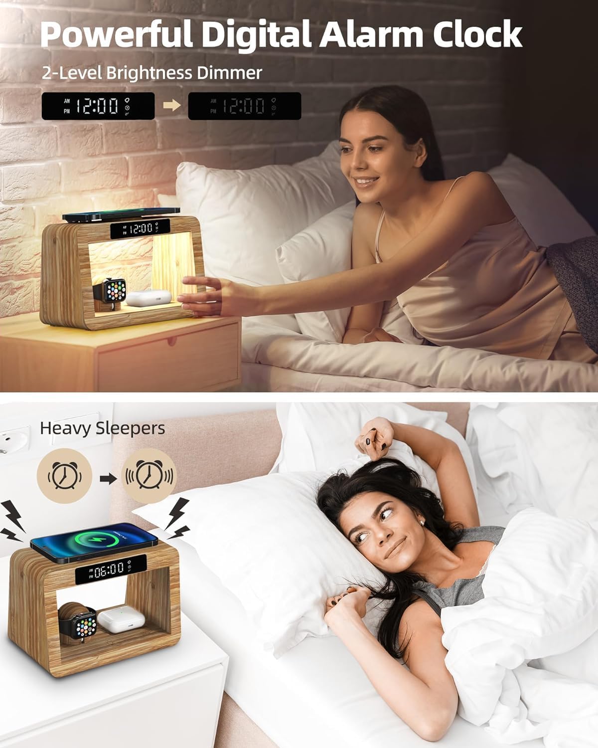 Bamboo Wireless Charging Station with Alarm Clock & Night Light, 3 in 1 Charging Station for iPhone 17/16/15/14/13/12/11 Pro Max/X/Xs, AirPods 4/3 & AirPods Pro 3/2/1/, Apple Watch Series