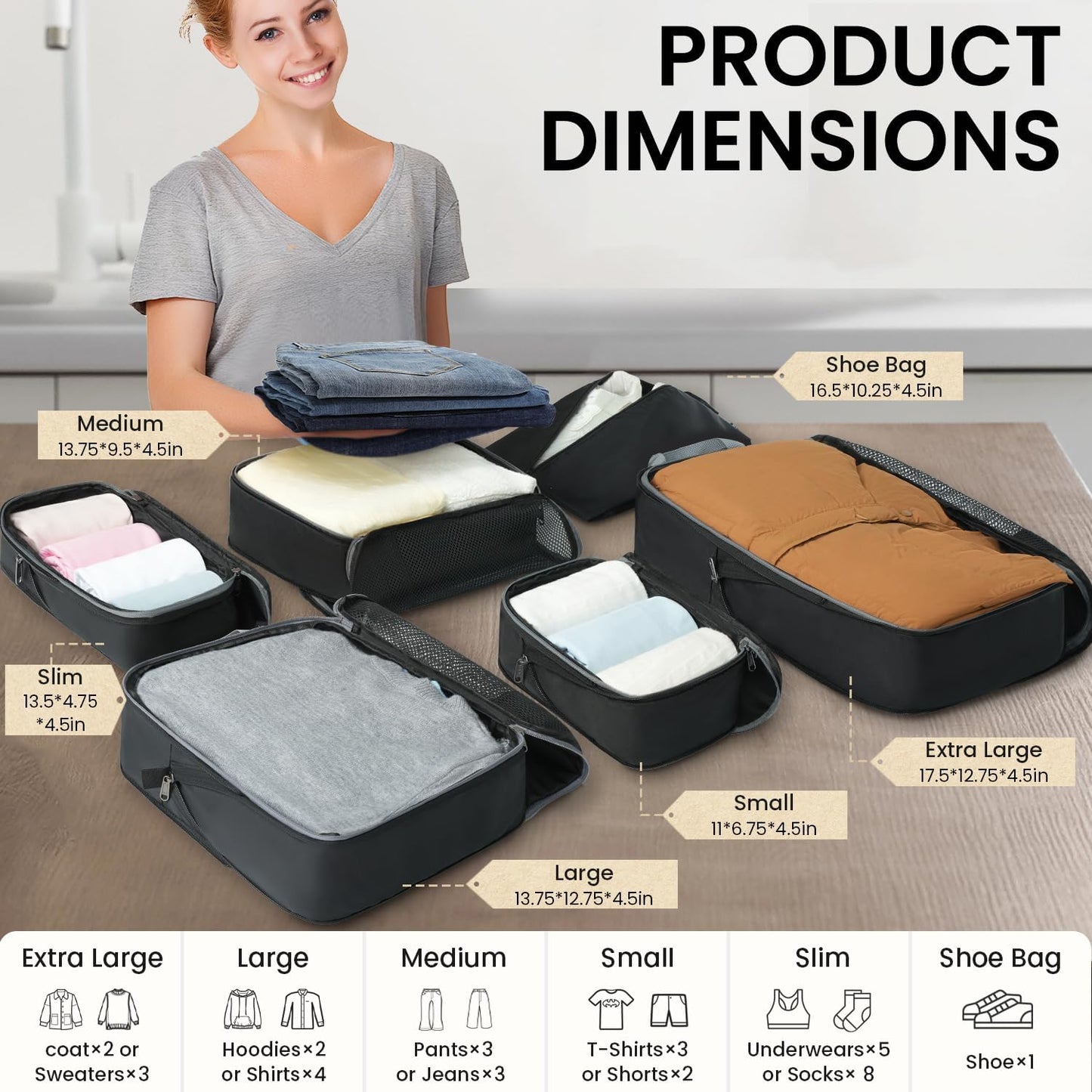 BAGAIL 4 Set/6 Set/8 Set Compression Packing Cubes Travel Accessories Expandable Packing Organizers (Half Mesh, 6-Black)