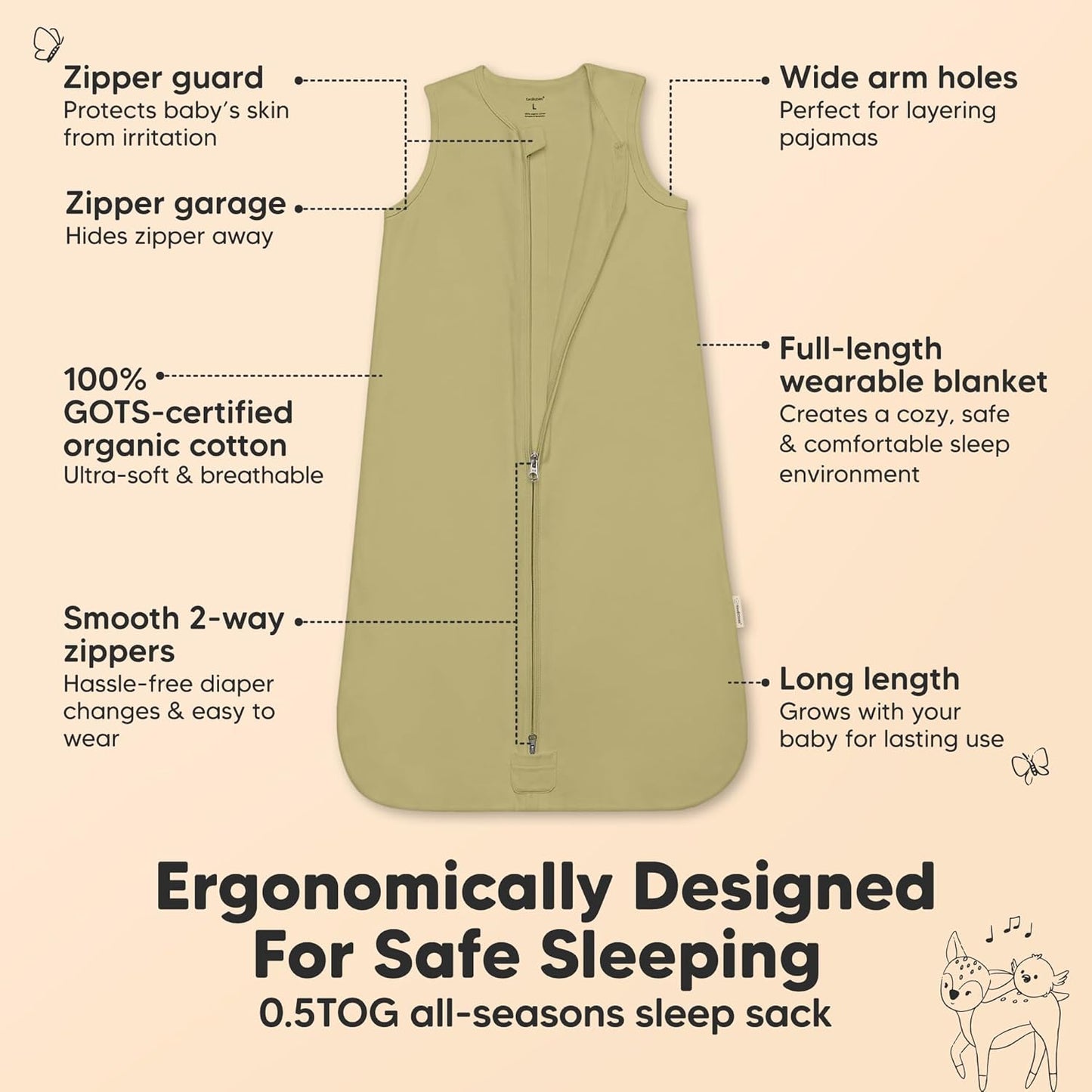2-Pack Baby Sleep Sacks, Zipper Wearable Blanket - 0.5TOG Organic Cotton, Lightweight,Soft Cozy Infant Sleeping Sack 3-6 months,Easy to Wear Small Newborn Transition Swaddles Sleepsacks(Avocado, S)