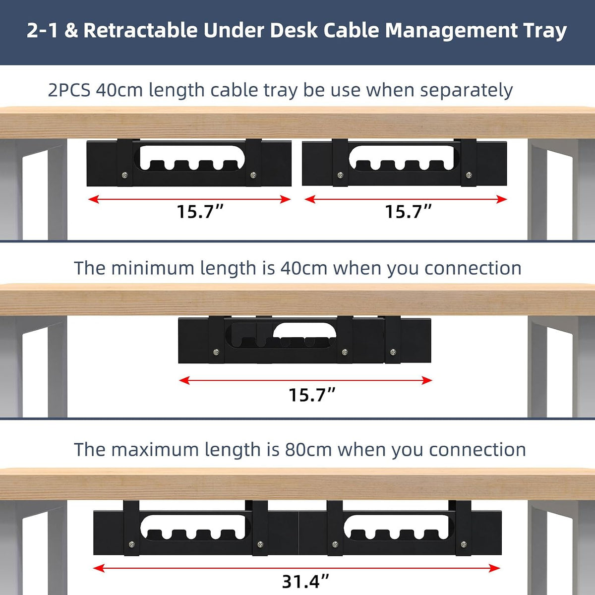2 Pack Cable Management Under Desk Tray,Adjustable Length(15.7”-31.4”)