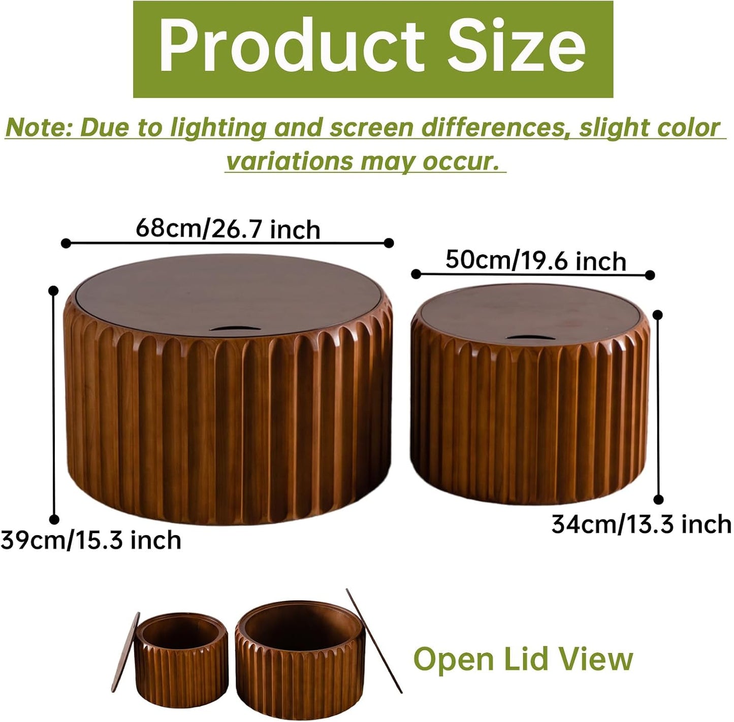 26" Round Nesting Coffee Table Set of 2 with Storage, A | Flip-Top Lid, Wood Veneer Tableop, Wood Groove, Non-Slip Pad, For Living Room, Nesting Design, 2-Piece End Table Sets