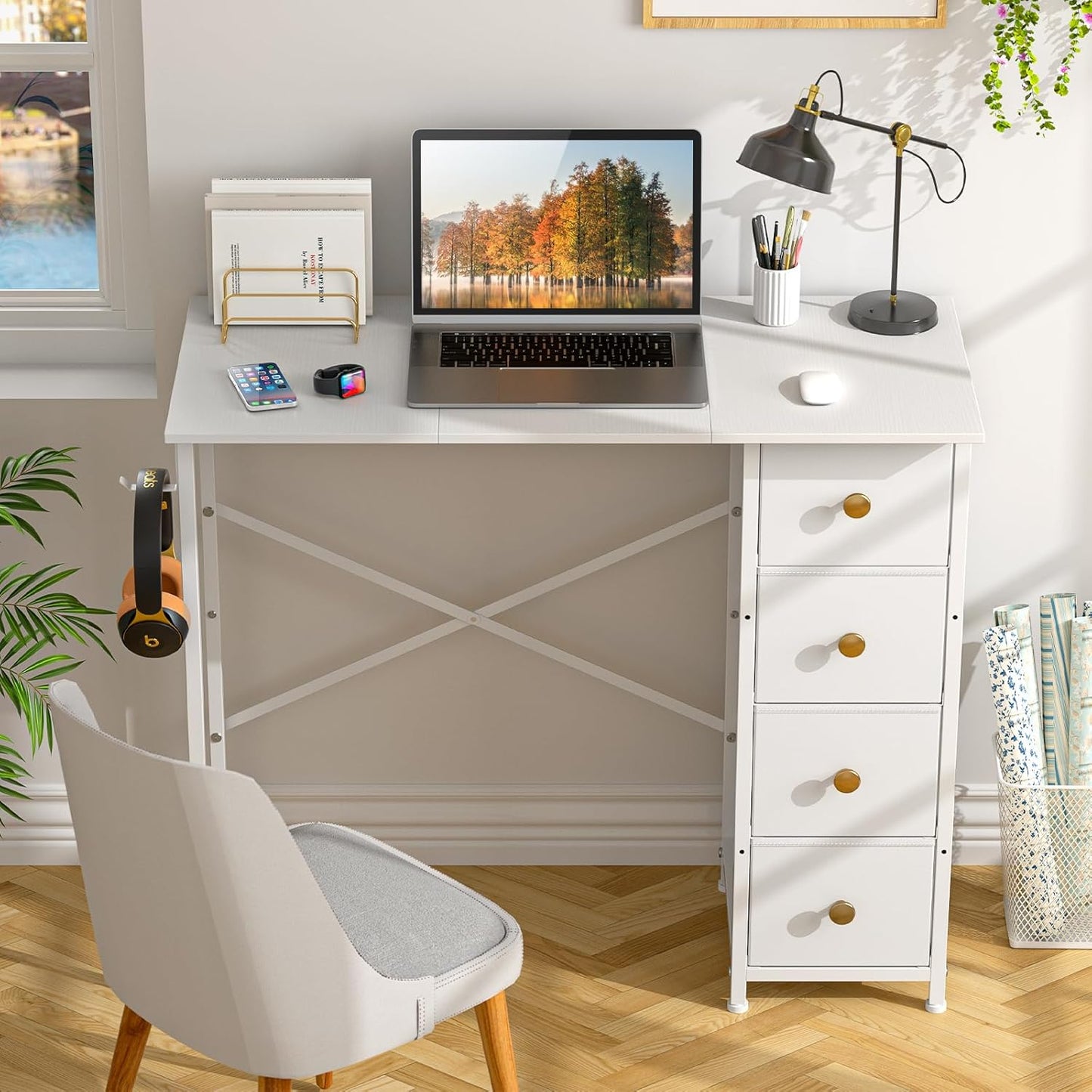 Small White Desk with Drawers for Bedroom, 35.4 Inch Kids Girls Teens Student Writing Desk with Storage, Reversible Study Table, White Computer Desk for Home Office, Makeup Vanity Desk for Small Space