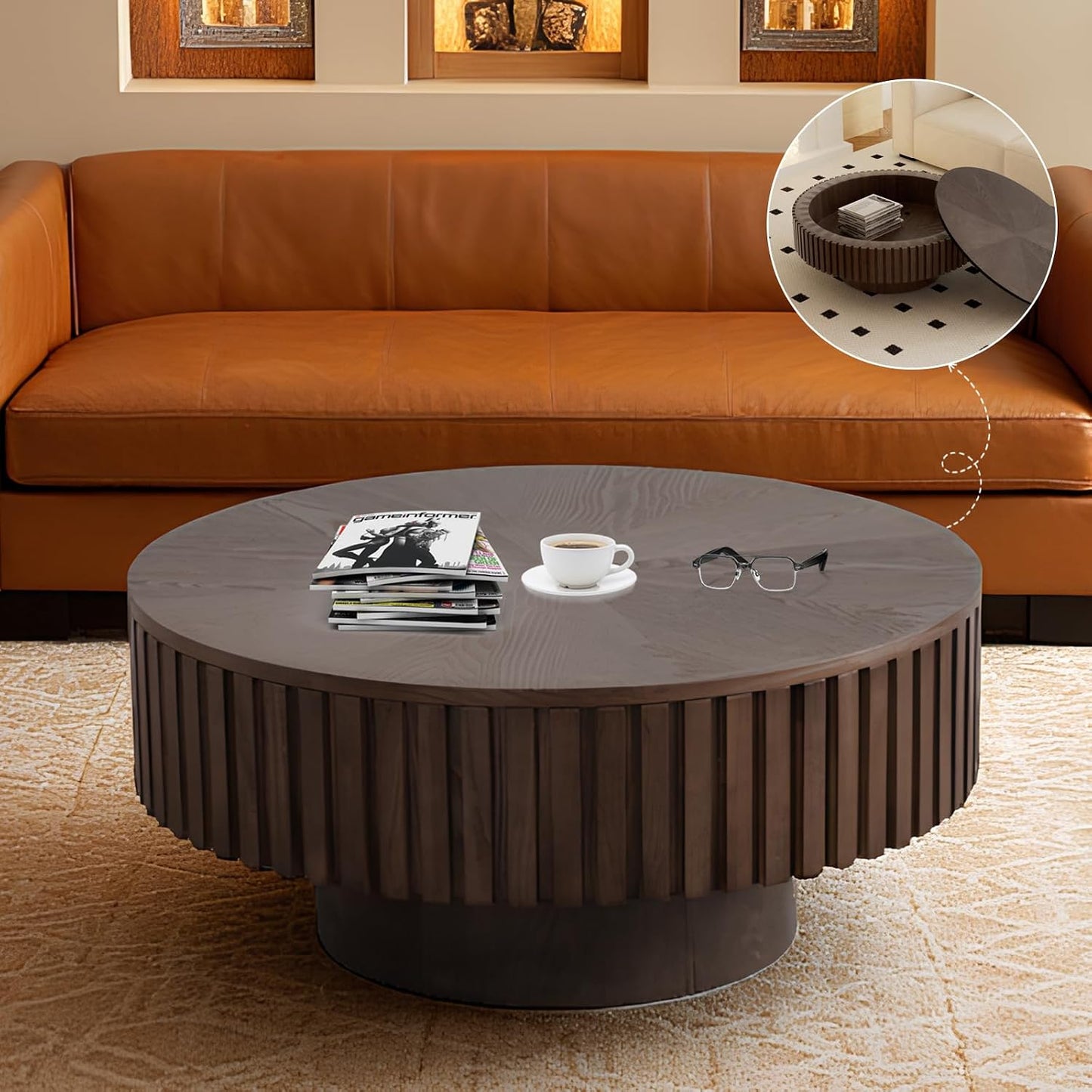 JHKZUDG 31.5'' Round Drum Coffee Table with Hidden Storage (Brown) | Fluted Coffee Table with Solid Wood Veneered Modern Wooden Circle Center Table Tea Table for Living Room Home Office