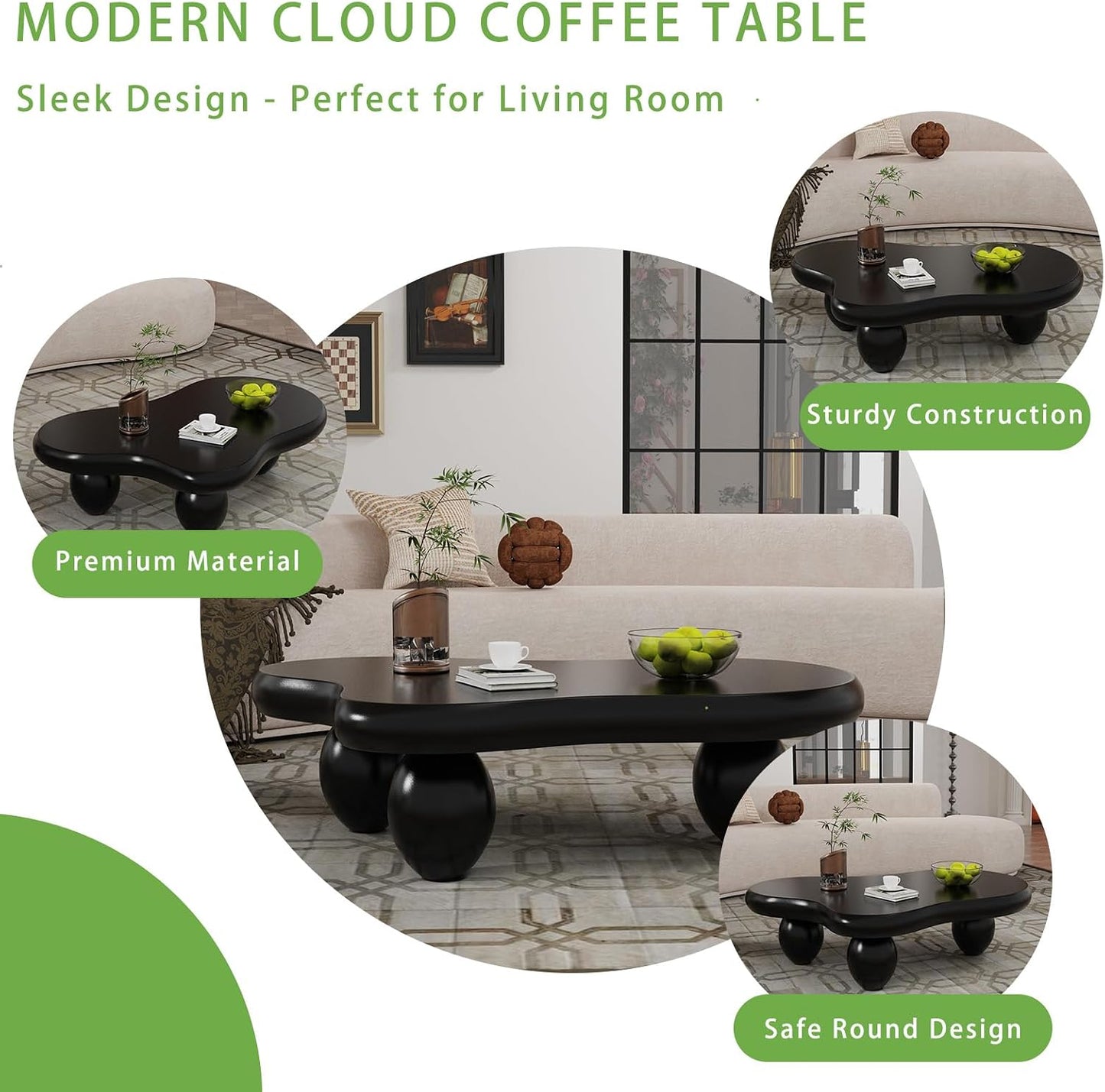 Cloud Coffee Table (C Black 46.06 inch) | Cute Irregular Tea Table with Large Tabletop, Cloud Shape Modern Accent Cocktail Table for Living Room, Office, Home Decor