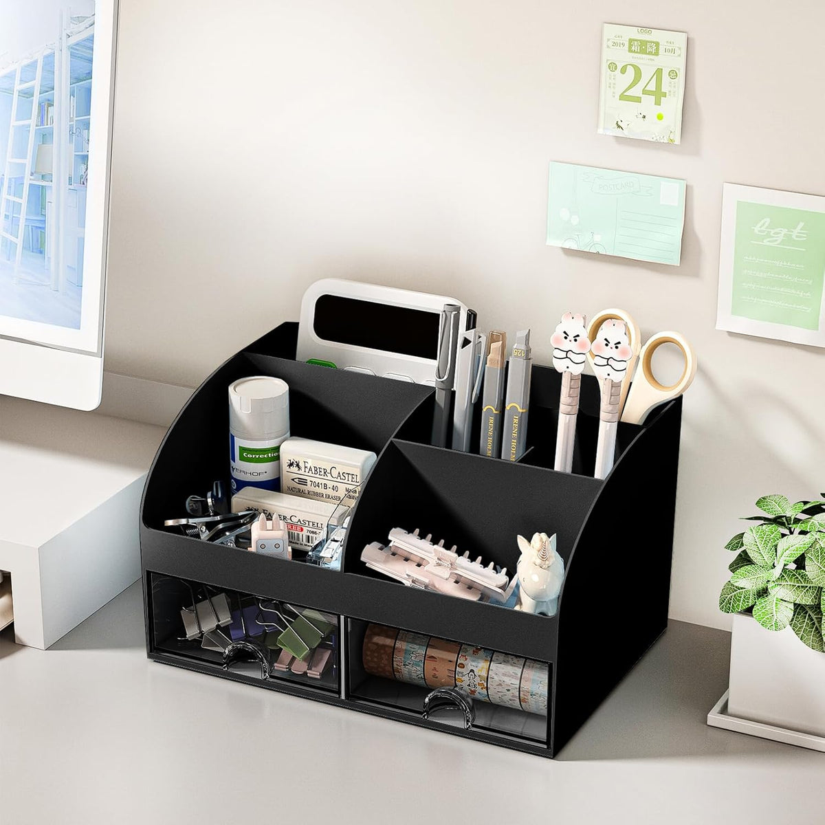 COMFYROOM Desk Organizer with 6 Compartments and 2 Drawers, Plastic Makeup Organizer, Pen Holder for Desktop Storage, Desk Organization for School, Home, Office Supplies Black-2Pack