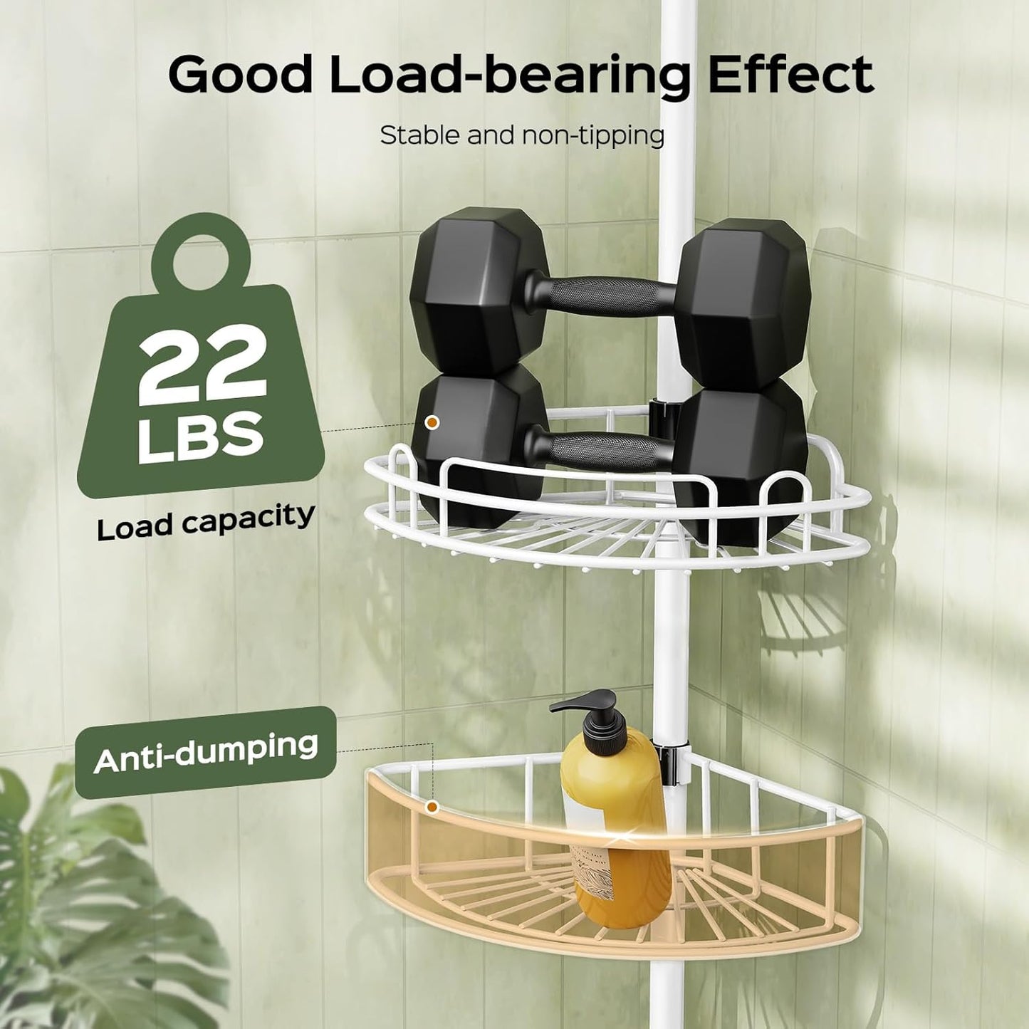 HAMITOR Corner Shower Caddy Tension Pole: Rustproof Bathroom Organizer Shelves for Bathtub Shampoo Accessories Storage Holder - 47-121 Inch Adjust - White