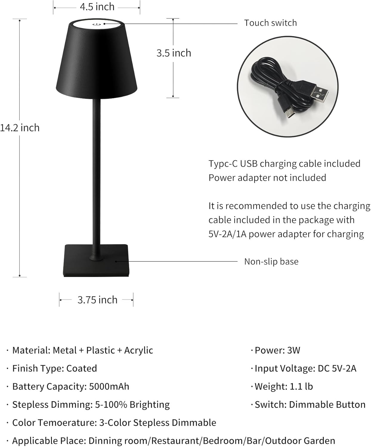 KDG 2 Pack Cordless Table Lamp, Portable LED Desk Lamps, 5000mAh Battery Operated, 3 Color Stepless Dimming Up, for Restaurant, Bedroom, Outdoor Camping, Coffee Shop, Night Light, Rechargeable (Black)