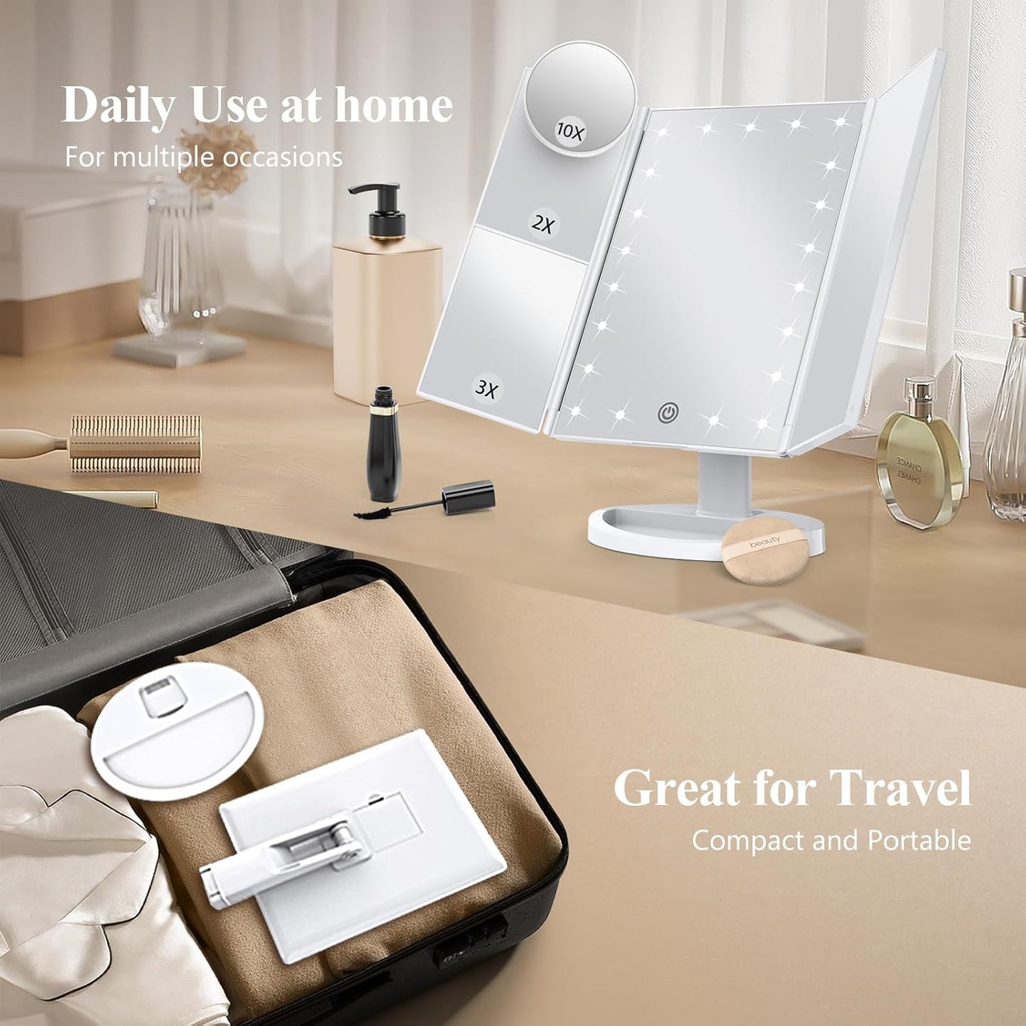 HUONUL Makeup Mirror, Vanity Mirror with Lights, 2X/3X/10X Magnification, Touch Control, Trifold, Dual Power Supply, Birthday Gifts for Women, Wife, Mom, Girls,Dorm Room Essentials
