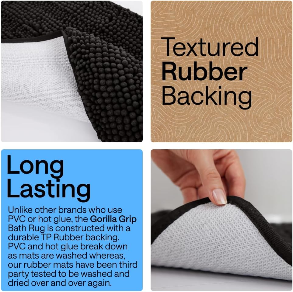GORILLA GRIP Bath Rug Mat, Thick Soft Absorbent Chenille, Quick Dry Microfiber Mats, Rubber Backing Washable Shower Floor Rugs, US Designed Bathroom Bathmat Home Decor Accessories, 24x17, Black
