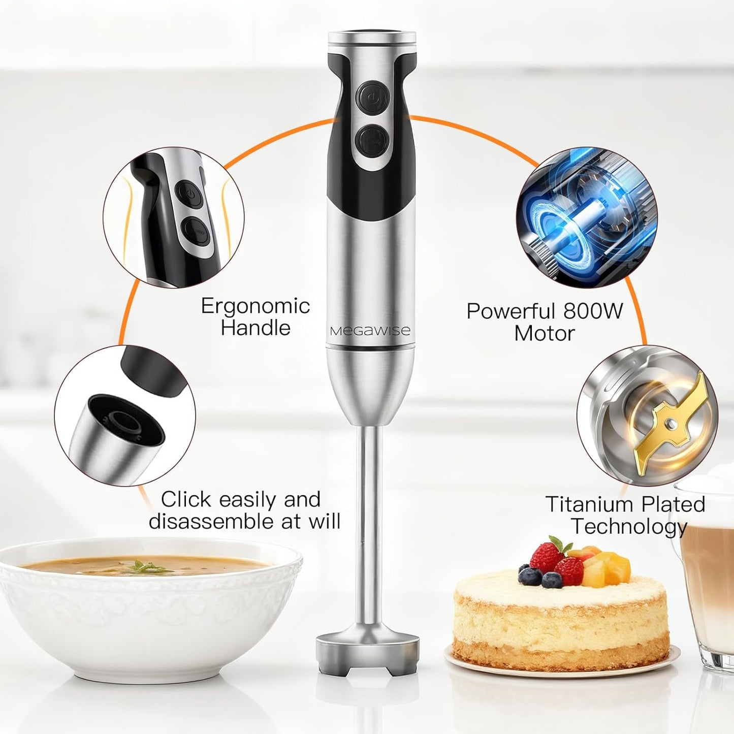 MegaWise Hand Blender, Immersion Blender Handheld 12-Speed with 80% Sharper Blades, Titanium Reinforced Stainless Steel 3-in-1 Immersion Blender,Includes Whisk and Milk Frother (3-in 1 Black)