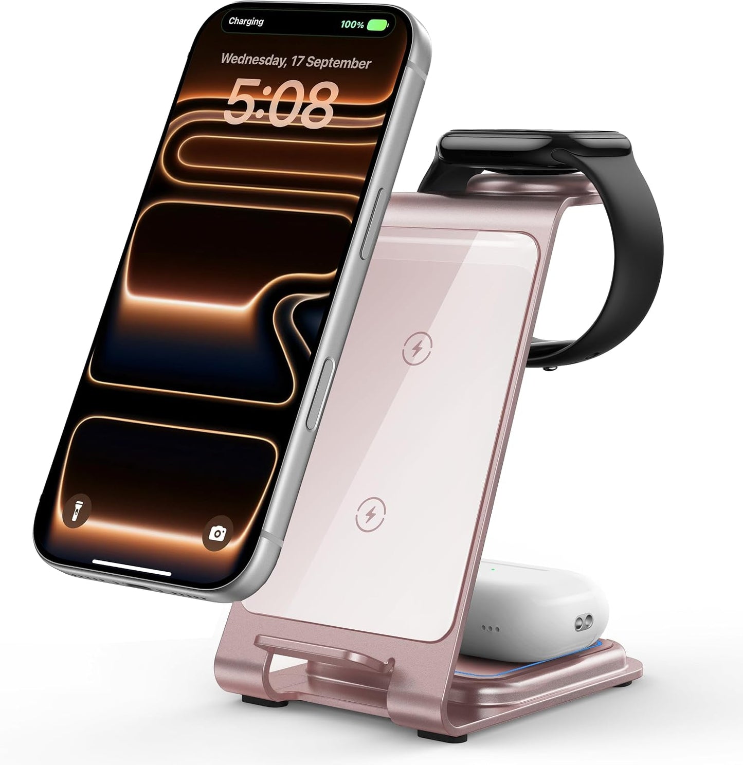 Intoval Aluminum 3 in 1 Wireless Charging Station for iPhone 17 16 15 14 13 12 11 Pro Max XR, Wireless Charger for Apple Watch 11 10 9 8 7 Ultra SE 3 2, Phone Charger for AirPods 4 Pro 2 3 (Pink)