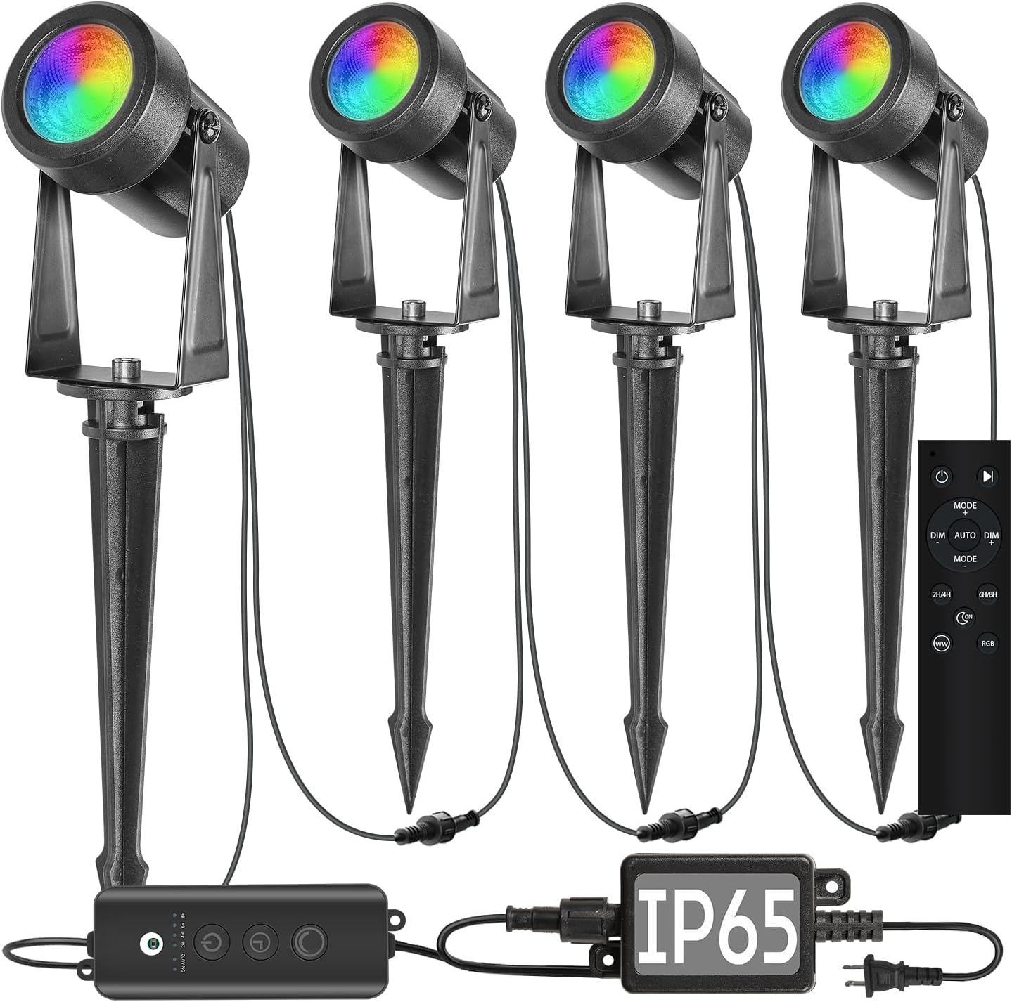 SUNTHIN Outdoor Landscape Lighting with Dusk to Dawn Sensor Controller & Remote, RGBW Color Changing Spot Uplights, 4 Pack
