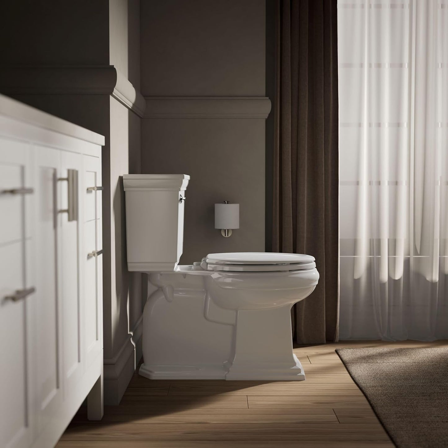 KOHLER Stonewood Quiet-Close, Elongated Toilet Seat Soft Close, Durable Wood, Easy Installation, Universal Fit, Home Essentials, White Finish, K-20466-0