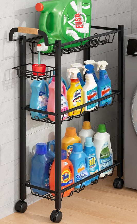AOODA Laundry Room Cart with Top Detergent Holder, Metal Rolling Storage Cart Between Washer and Dryer, 3 Tier Narrow Laundry Room Organization and Storage with Wheels (Pure Black)