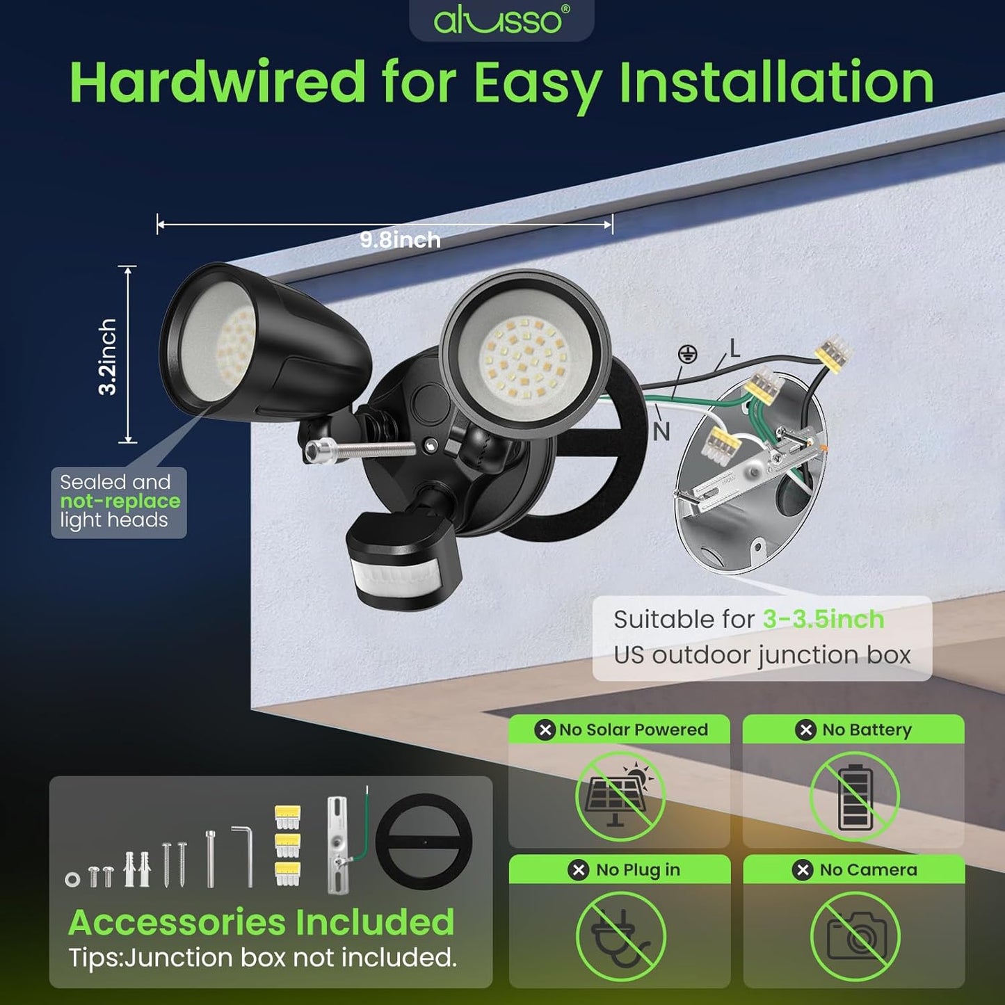 ALUSSO Motion Sensor Outdoor Lights Metal Heads, 30W 3600LM Flood Lights Outdoor 120V, 3 Modes Dusk to Dawn/Auto/On Time, 3000K 4000K 6500K Adjustable, Hardwired Security Light ETL Listed, Black 1PC