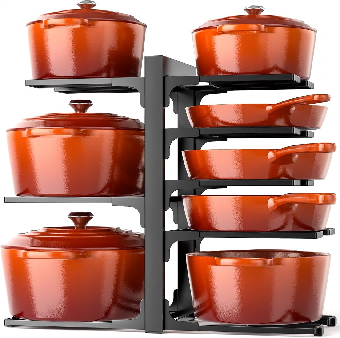 MUDEELA Pots and Pans Organizer Rack under Cabinet 14.55in Height, 8-Tiers Adjustable Pot Rack with 3 DIY Methods, Pot Lid Organizer inside Cabinet for Kitchen Pantry Organization and Storage