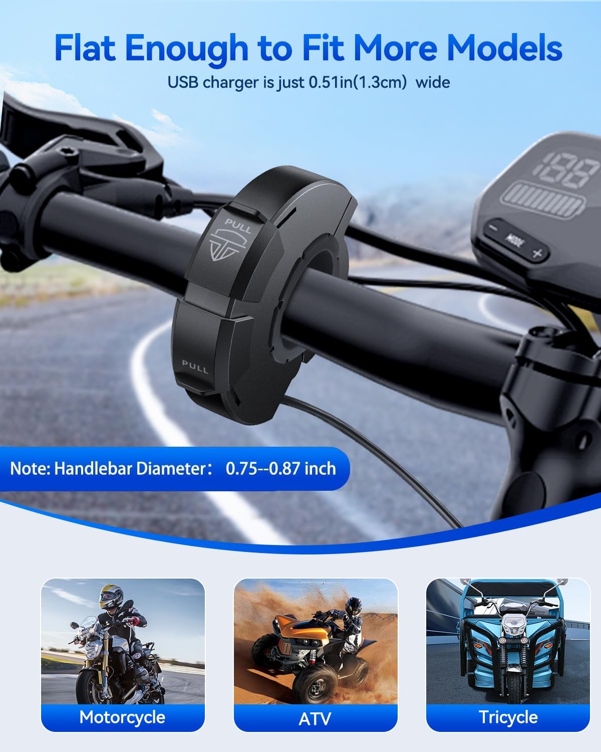 EXTRACTME Motorcycle Phone Charger, Ultra-Narrow Dual USB Type C 30W PD & Quick Charge 3.0 Motorcycle USB Charger, Waterproof Motorcycle USB Port for Phone, Tablet, GPS (Only 0.51 in Wide), Black