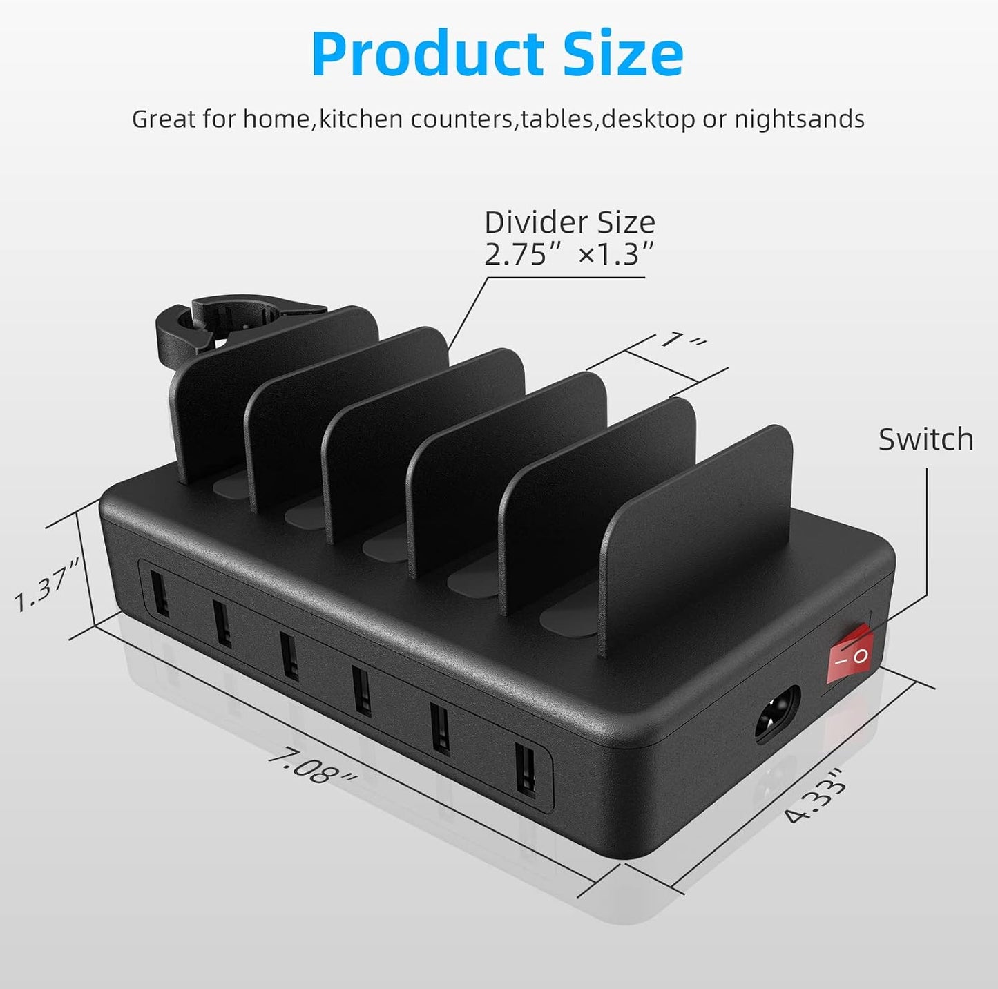 Charging Station for Multiple Devices, 50W 6 Ports USB Charger Station | with Apple Watch Holder & 6 Cables, for iPad Cellphone Kindle Tablet and Other Electronic, 1 USB-A to USB-C Adapter Converter