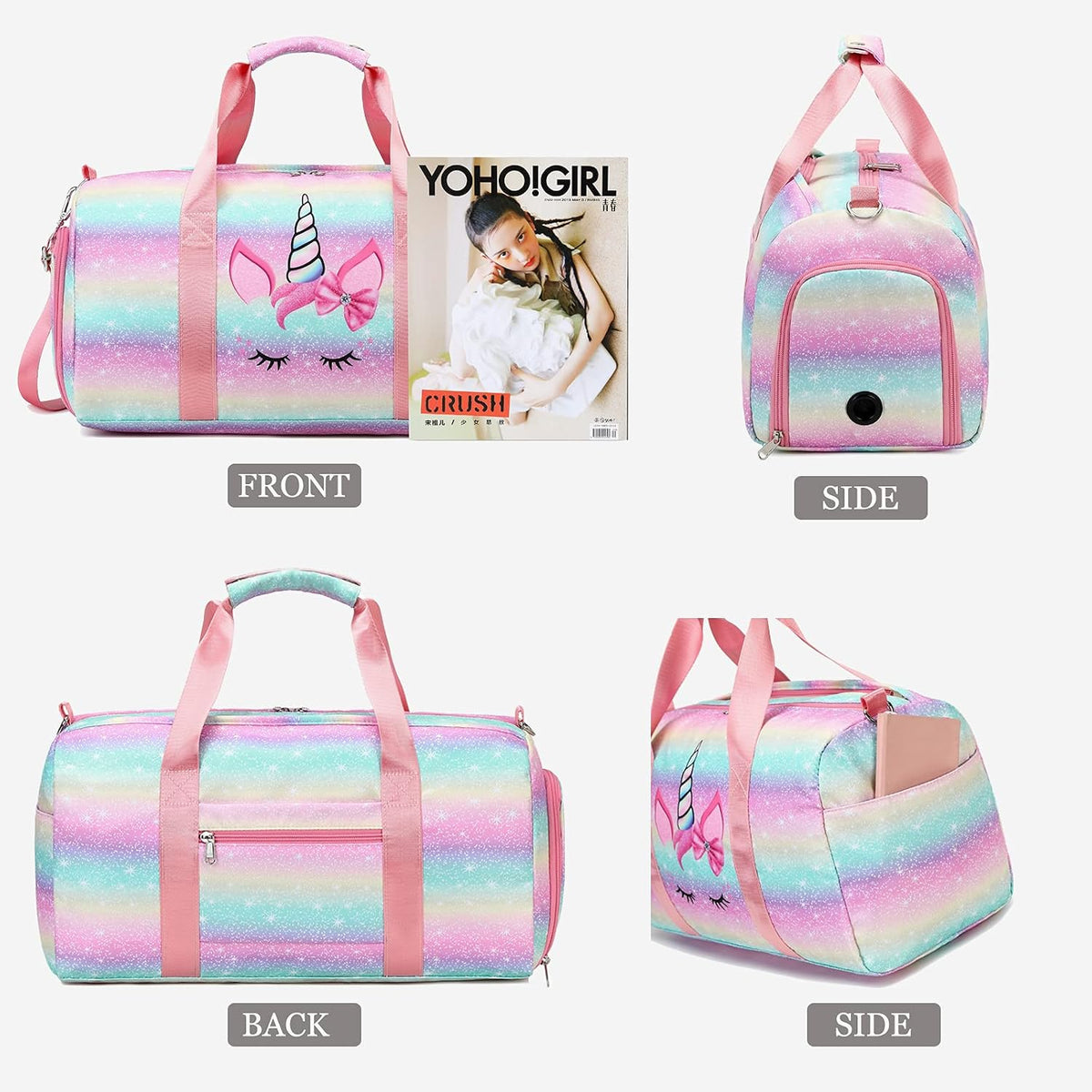 Dance Duffle Bag Girls Unicorn Kids Sports Gym Bag with Shoe Compartment & Wet Pocket Sleepover Overnight Weekender Travel Bag