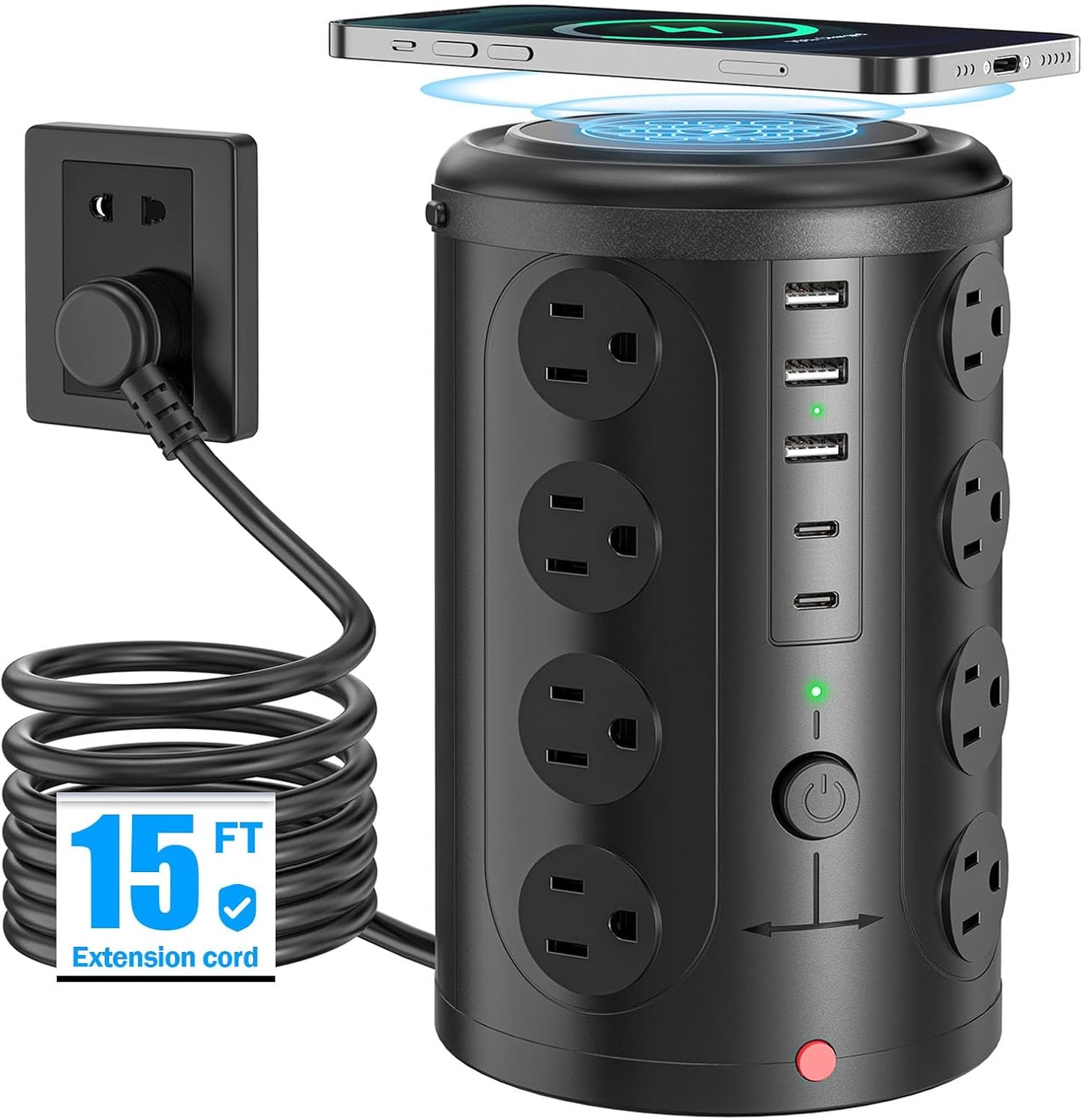 Tower Power Strip Surge Protector with 16 Outlets and 5 USB Ports (2 USB-C), 6FT Extension Cord with Multiple Outlets,Heavy Duty Charging Station,Home Office Dorm Room Essentials. No Wireless Charging