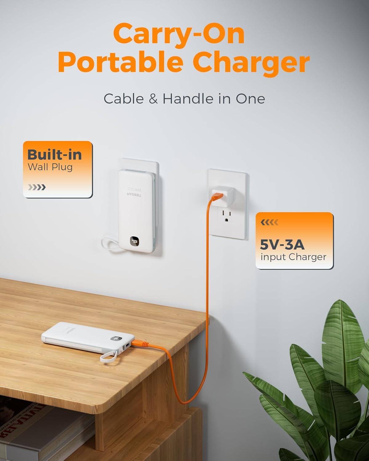 Portable Charger with Built in Cables,TESSAN 10000mAh Power Bank Fast Charging with Foldable Wall Plug Charger, PD20W Compact Battery Pack Travel Essentials for iPhone 17/16/15 Series,Samsung,Tablets